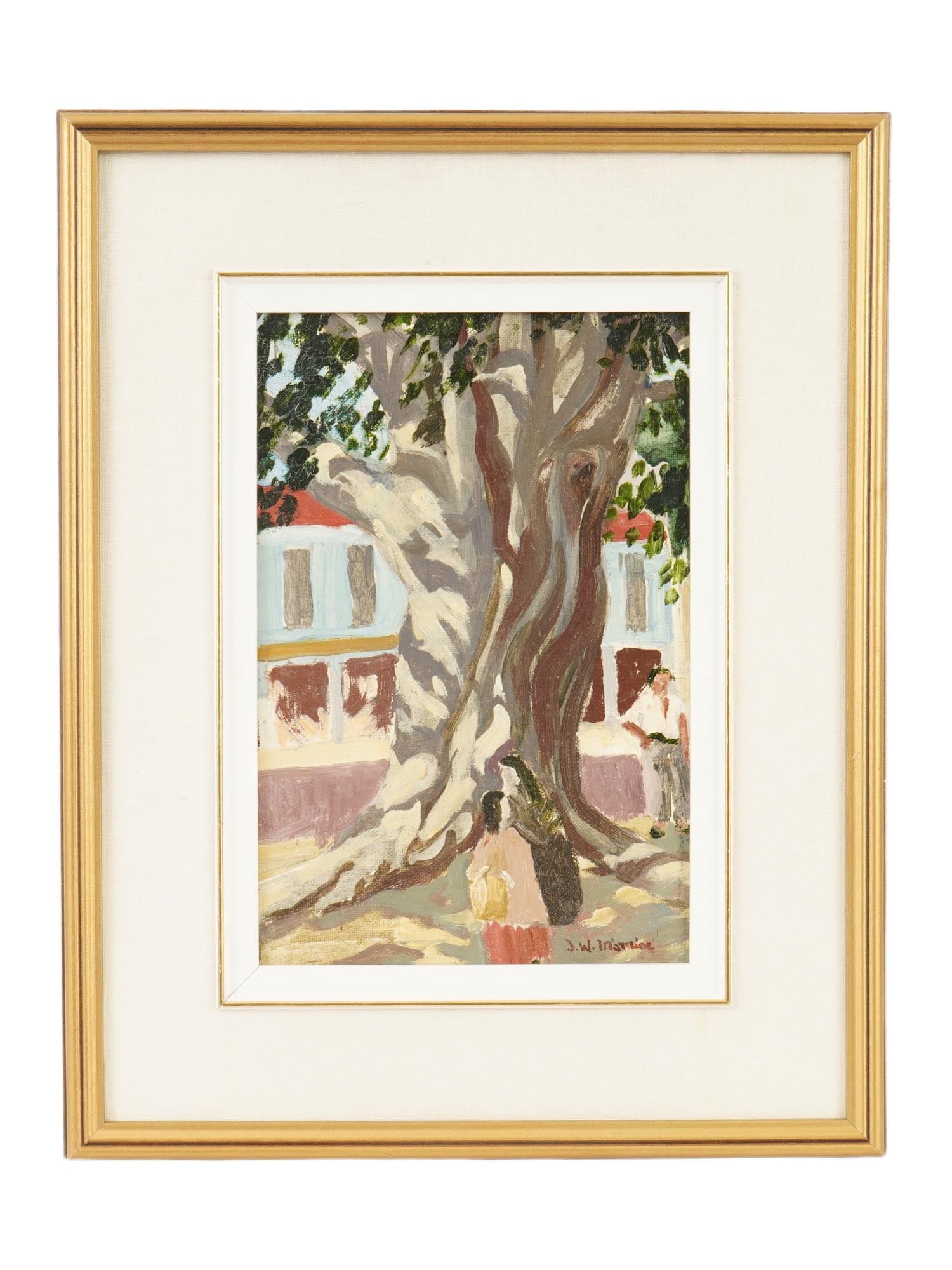 GENRE SCENE OIL PAINTING FRAMED: Oil painting on canvas mounted on board depicting a figurative scene under the tree. Signed lower right. Framed. Modernist and Contemporary Fine Art, Genre Scene Oil Paintings, and Collectibles. One o