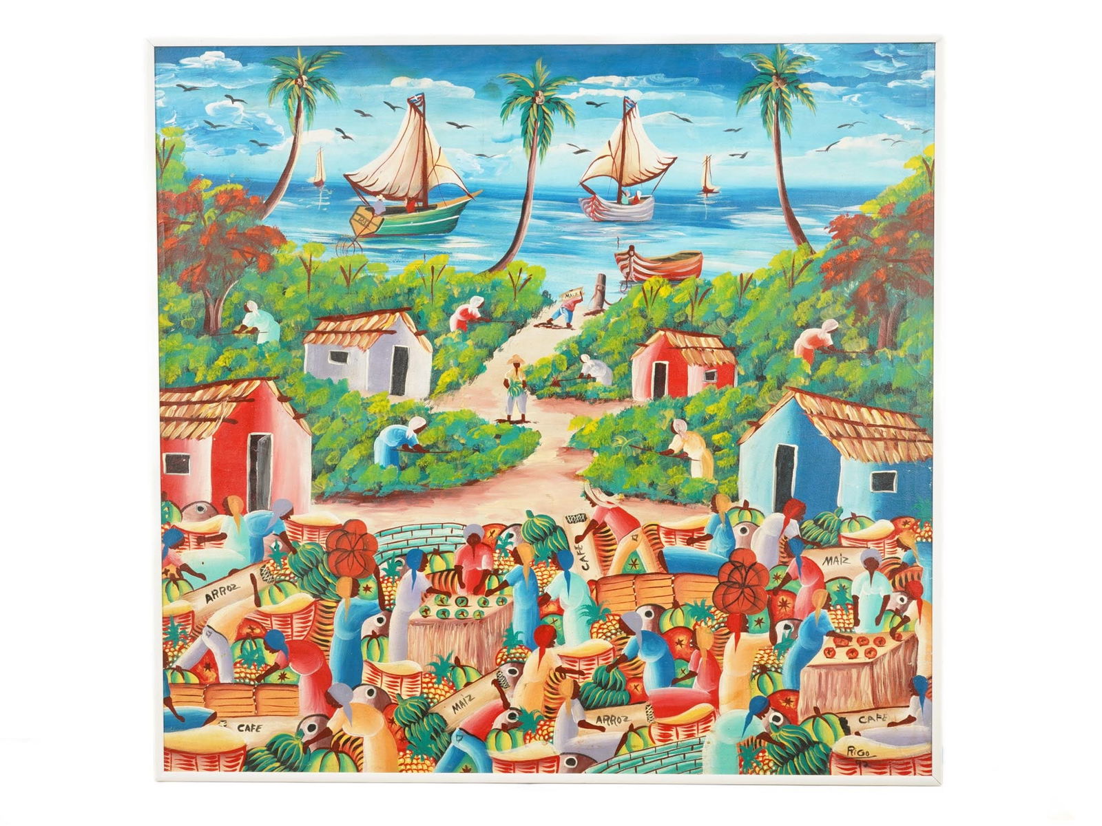MODERNIST FOLK ART SCENE OIL PAINTING SIGNED BY ARTIST: A Modernist oil painting on canvas depicting a Folk art coastal genre scene. Signed by the artist, Rico, and dated 92, lower right. Modernist and Contemporary Fine Art, Naive Genre Scene Oil Paintings