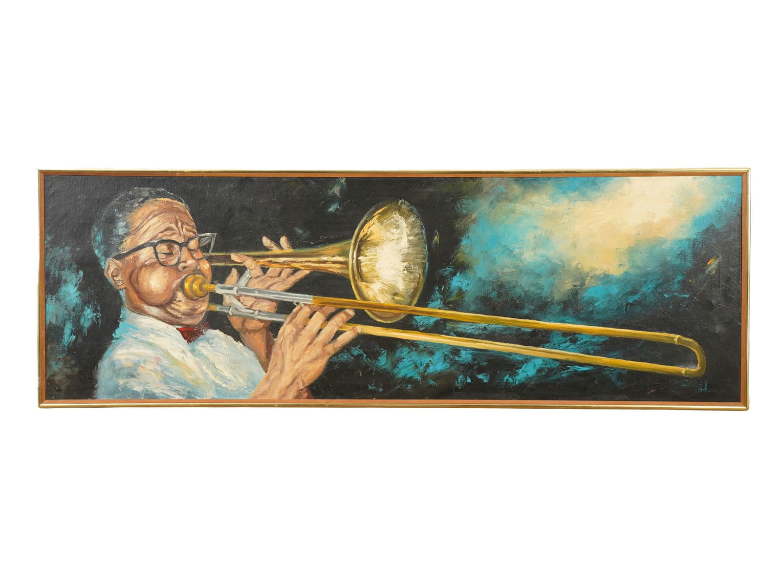 CONTEMPORARY JAZZ PLAYER PORTRAIT OIL PAINTING SIGNED: A Contemporary American School oil painting on canvas depicting a portrait of a jazz player. Illegibly signed by the artist, lower right. Additionally signed and inscribed with a dedication, on the ba