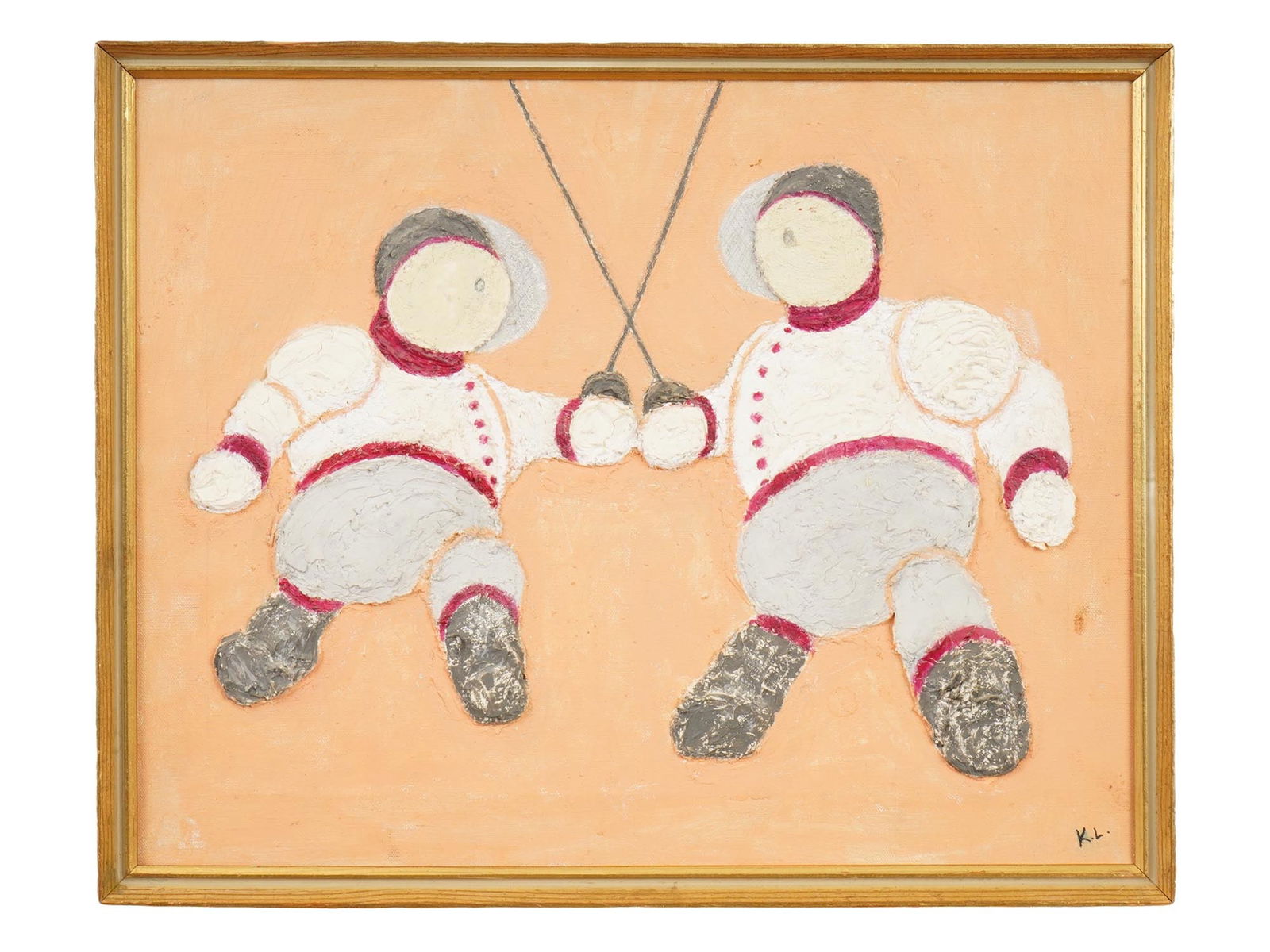 KAYO LENNAR CABBAGE FENCERS MIXED MEDIA PAINTING 1997: A French mixed media painting on canvas by contemporary artist Kayo Lennar, featuring two stylized, rotund figures engaged in a fencing match. Titled Cabbage Fencers, 1997. The subjects are rendered w