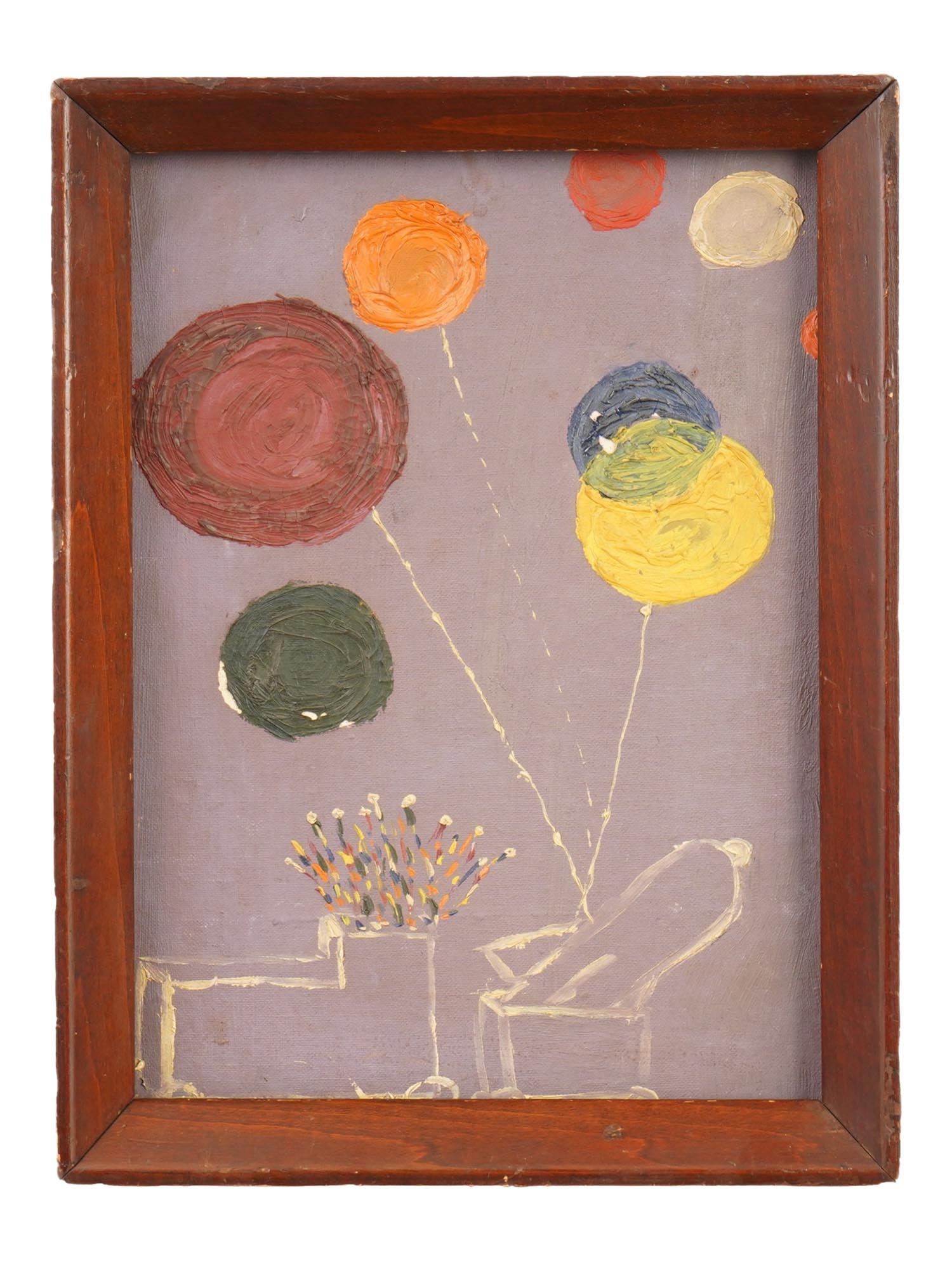 ATTR CLIFFORD SINGER VINTAGE AMERICAN OIL PAINTING: A vintage oil on canvas over board painting attributed to Clifford Singer, born 1955 American artist. Circa the late 20th century. The painting depicts a fragment of a childrens room with toys and col