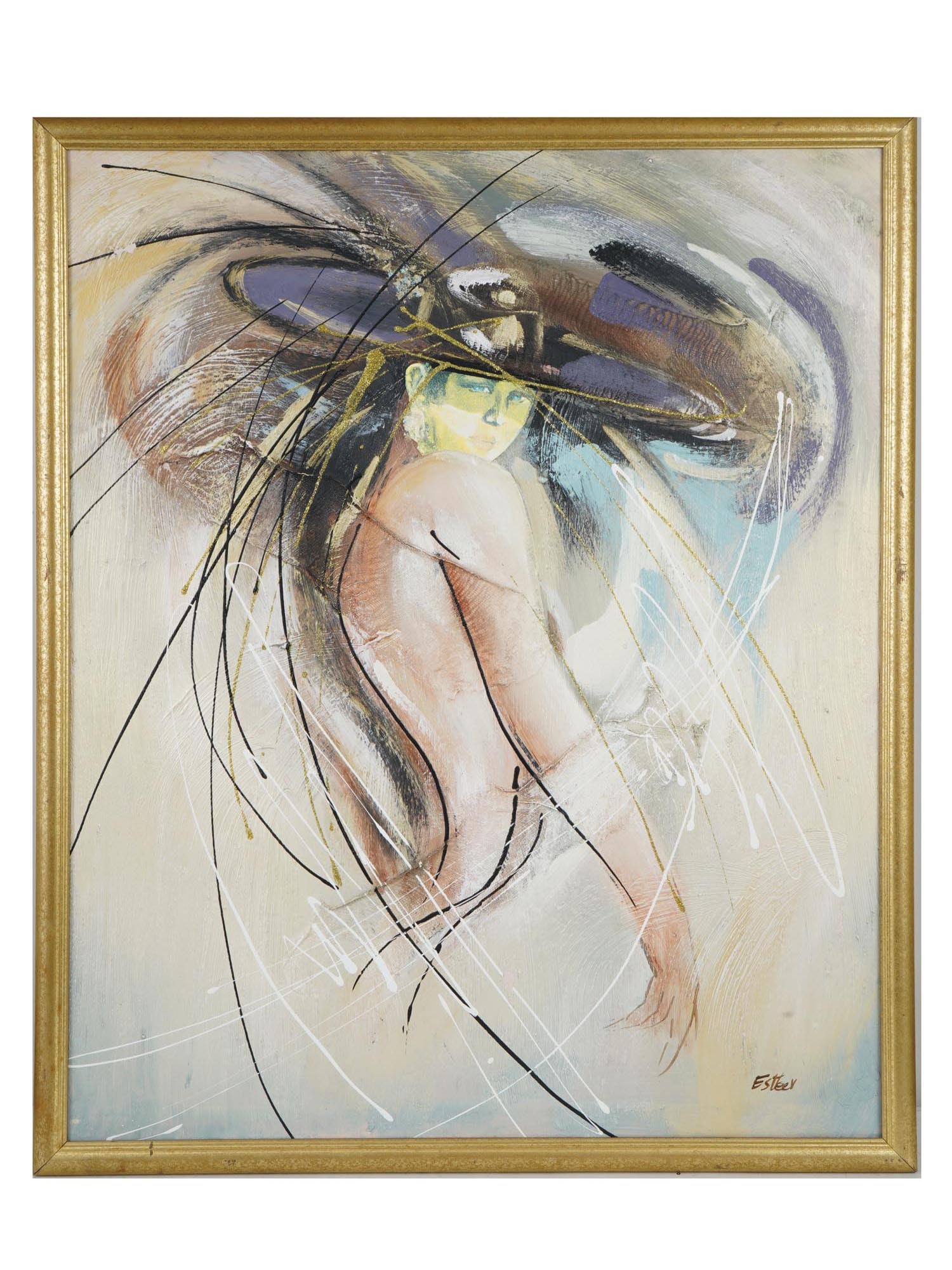 CONTEMPORARY FASHION SKETCH OIL PAINTING SIGNED: A Contemporary oil painting on canvas, a fashion sketch illustration depicting a portrait of a woman in a large hat. Signed by the artist, Esteev, lower right. Framed. Modern and Contemporary Fashion