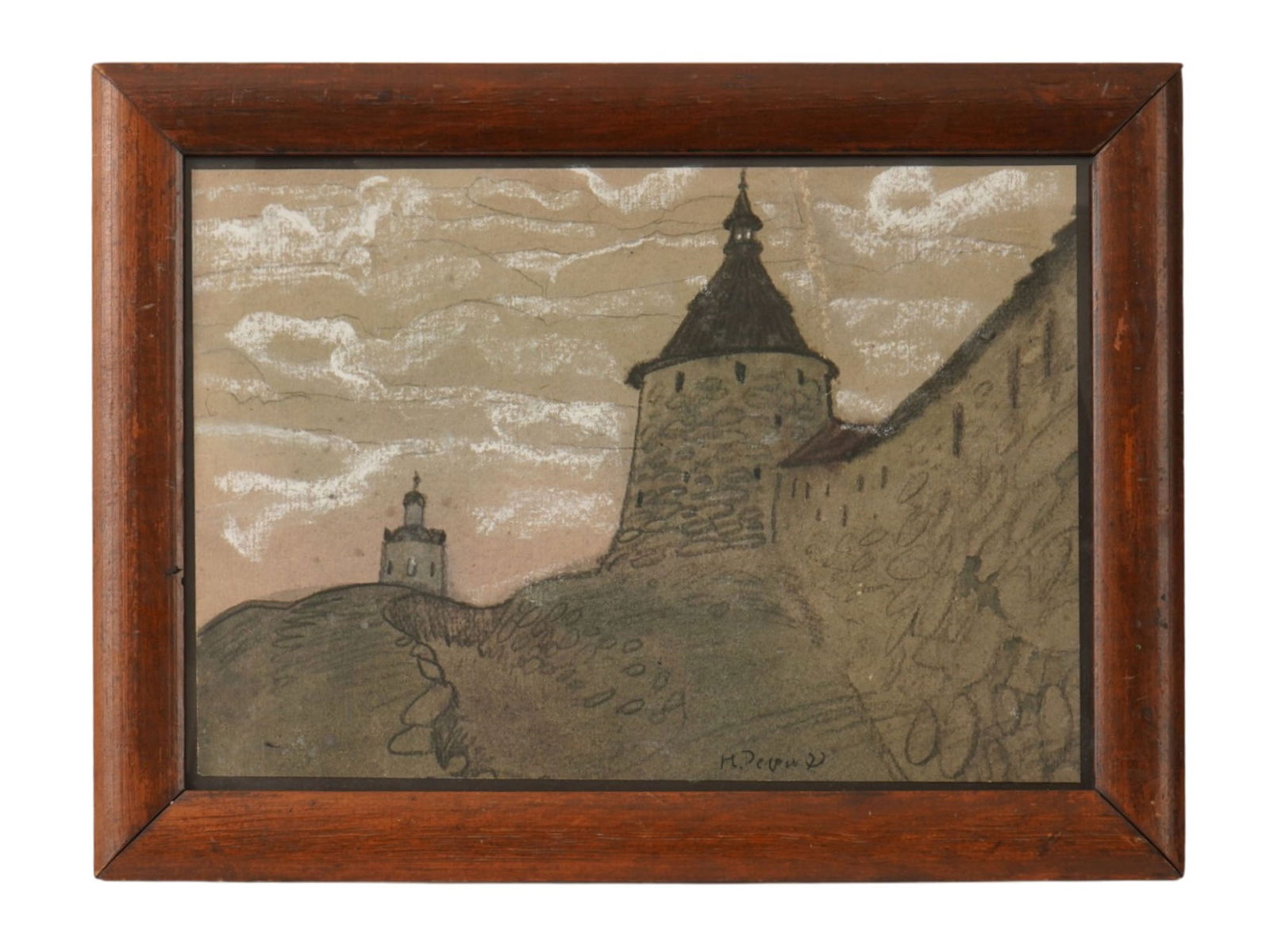 ATTR TO NIKOLAI ROERICH RUSSIAN PASTEL PAINTING: Attributed to Nikolai Konstantinovich Roerich, Russian, 1874 to 1947, pastel on paper painting. The painting depicts the wall of an old monastery with a church in the distance. Signed lower right. Fra