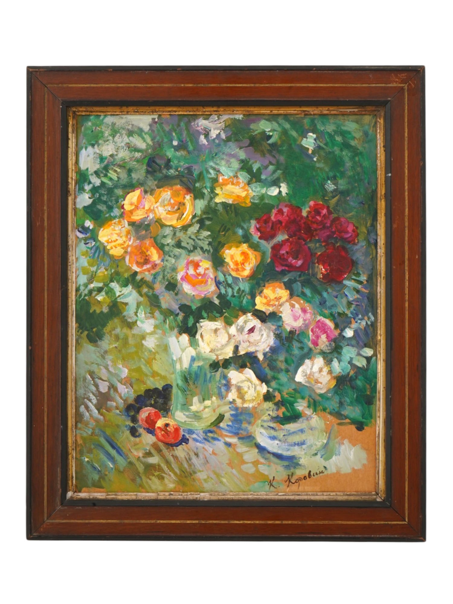 ATTR KOROVIN ANTIQUE RUSSIAN OIL STILL LIFE PAINTING: An antique Russian oil on board still life painting attributed to impressionist artist Konstantin Alekseevich Korovin, 1861 to 1939. The painting depicts an impressionist composition with lush roses i