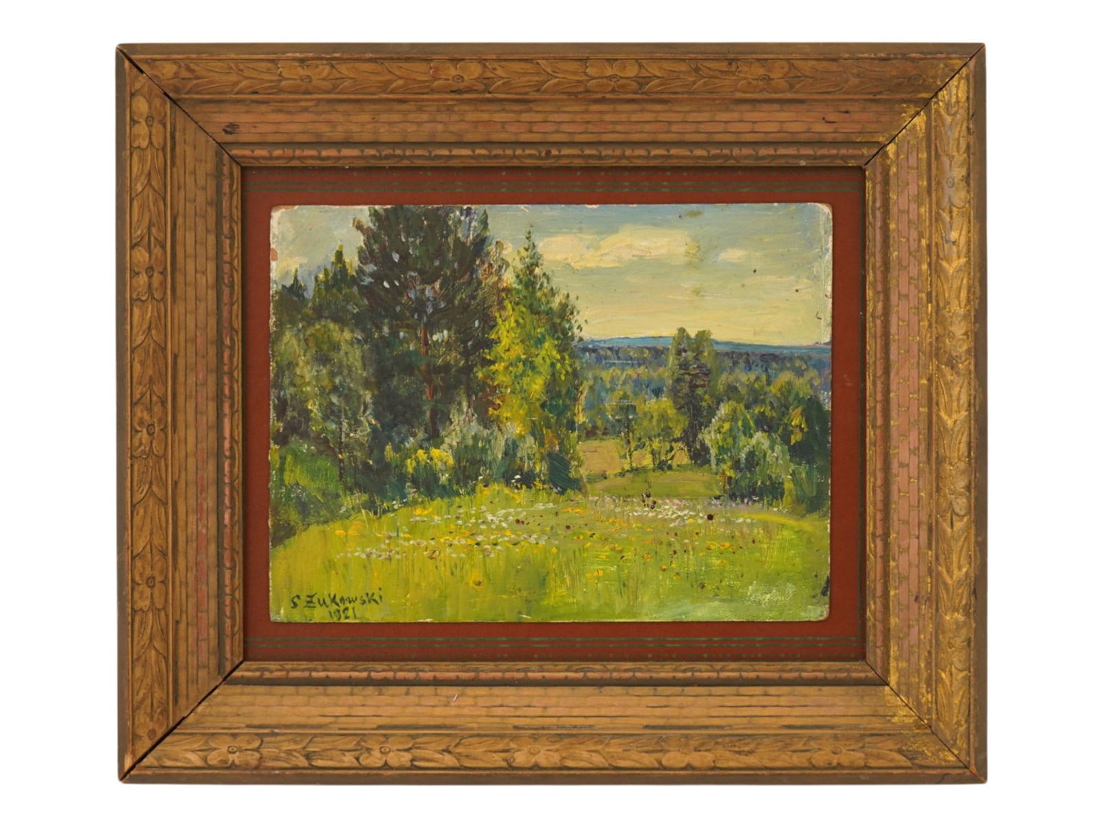 LANDSCAPE OIL PAINTING ATTR TO S ZHUKOVSKY 1921: An antique oil on board landscape painting attributed to the renowned Polish-Russian Impressionist Stanislav Zhukovsky, 1875 to 1944. Signed lower right, dated 1921. Depicting a summer forest landscap