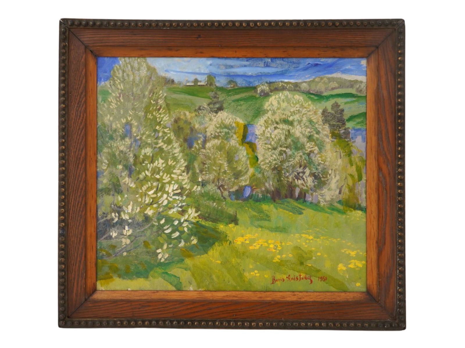 LANDSCAPE OIL PAINTING SIGNED BORIS ANISFELD: An oil on board landscape painting signed Boris Anisfeld, 1879 to 1973. It is a characteristic piece from his later American period. Signed Boris Anisfeld 1951 in red in the lower right corner. Boris