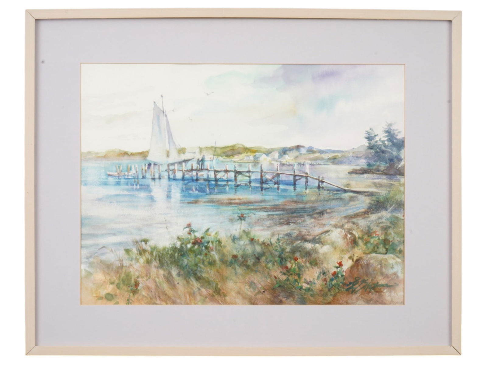 JAPANESE WATERCOLOR PAINTING SIGNED HARUMICHI SHIBASAKI: A Japanese watercolor painting on paper, Return, depicting a coastal view with a ship. Signed, Harumichi Shibasaki, lower right. Framed. Harumichi Shibasaki, born 1947, is a Japanese figurative painte