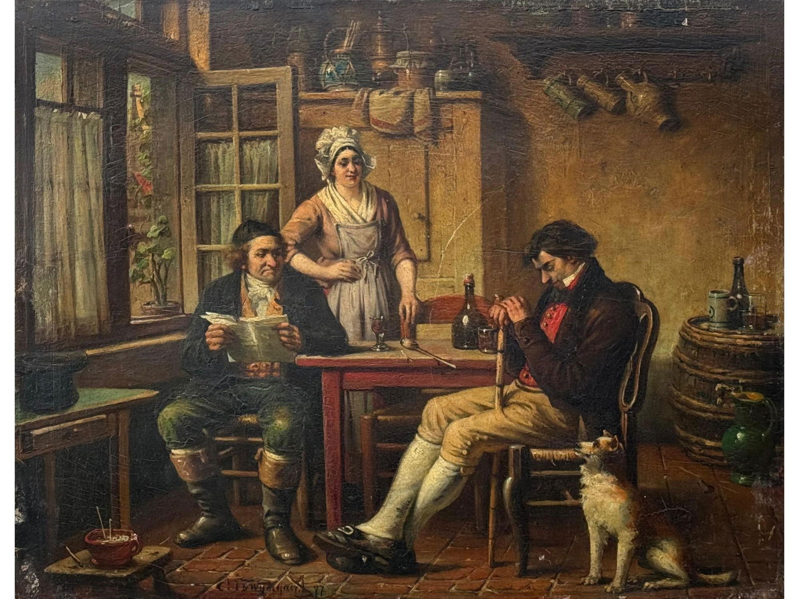 BELGIAN OIL PAINTING BY CONSTANT VAN DE WYNGAERT: Constant van de Wyngaert, a Belgian 19th Century painter who was born in 1840, an oil painting on wood board depicting an interior genre scene. Signed and dated 77, lower left. Inscribed, and dated 18