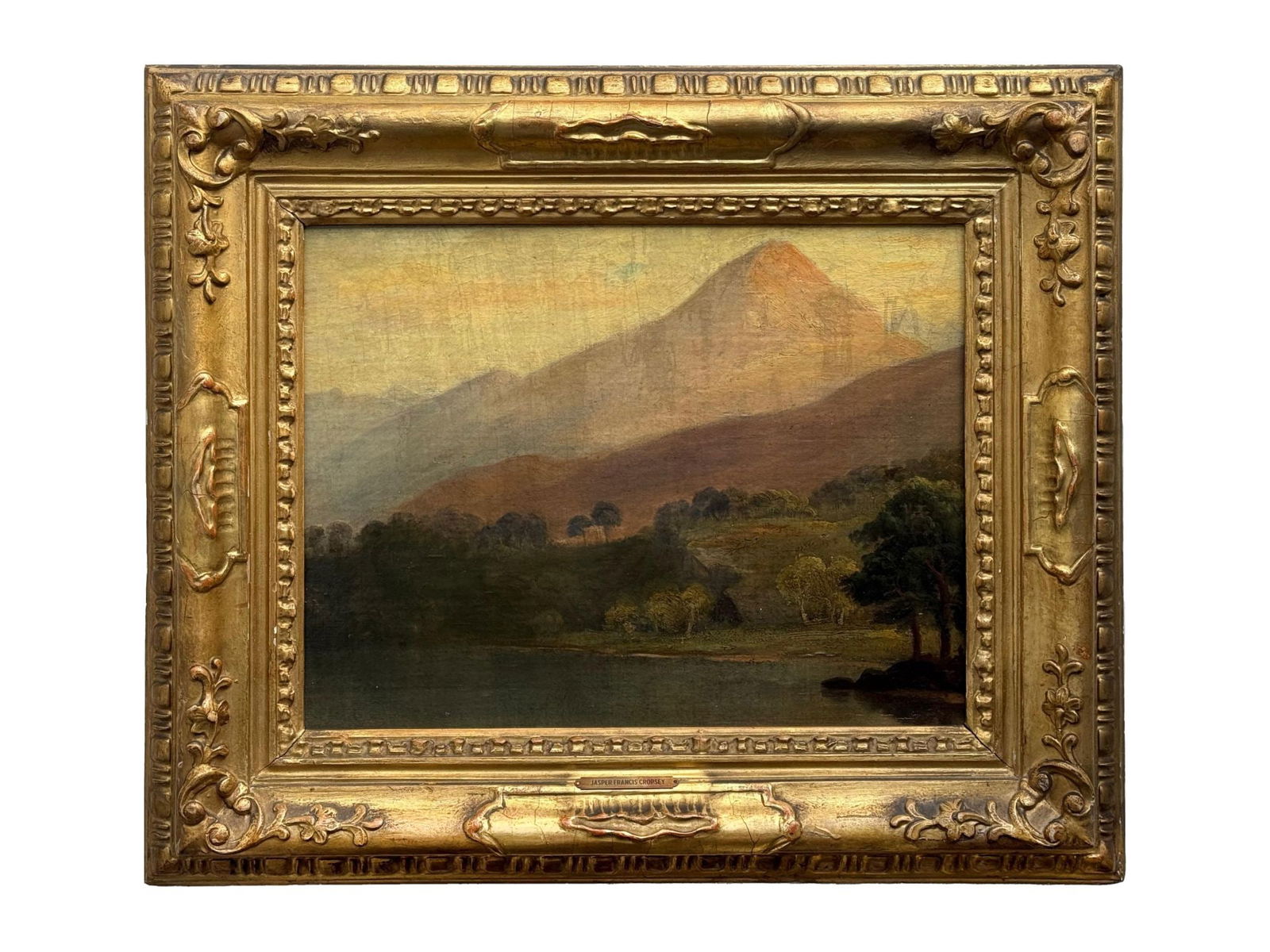 ATTR TO JASPER FRANCIS CROPSEY LANDSCAPE PAINTING: Attributed to Jasper Francis Cropsey, American, 1823 to 1900, an oil painting on board. The composition depicts a fall mountain landscape. Jasper Francis Cropsey was a celebrated member of the Hudson