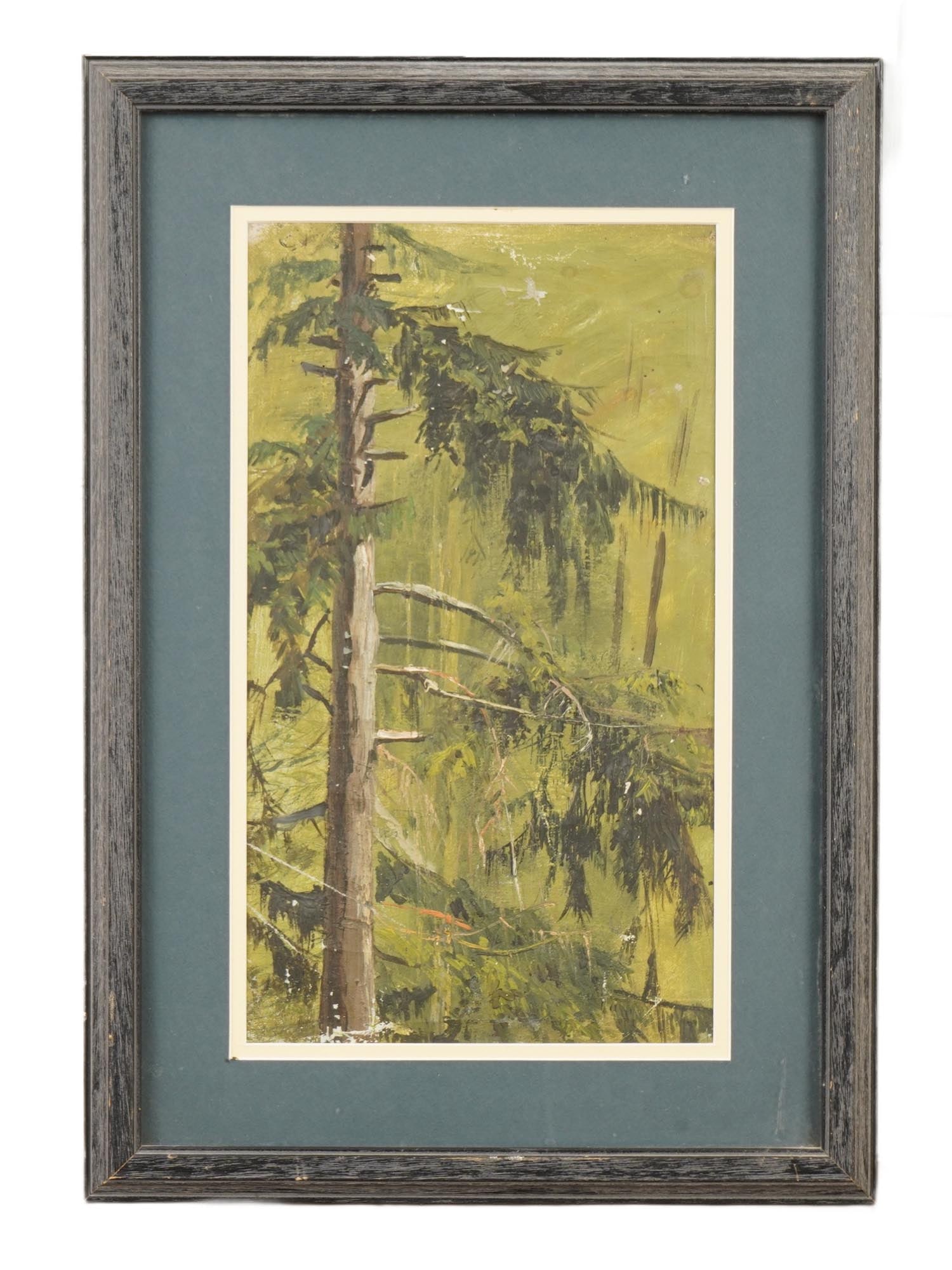 OIL PAINTING FOREST LANDSCAPE BY YURIY PAVLOVICH: Yuriy Pavlovich, Ukrainian, 1874 to 1947, an oil painting on canvas depicting a vertical view of a pine forest. Matted and framed. Yuriy Pavlovich is a Ukrainian artist, renowned not only as a painter