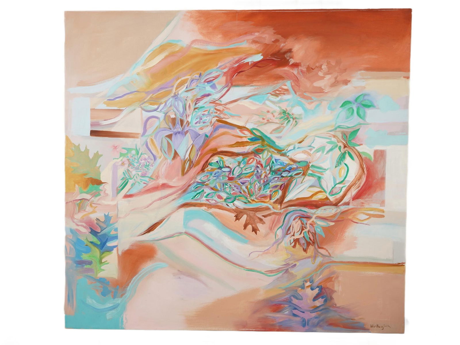 VINTAGE OIL ON CANVAS PAINTING BY WORTHINGTON 1989: A vintage oil on canvas painting, titled Greek Rainbow by Worthington, 1989. The painting depicts an abstract metaphysical landscape in warm colors. Signed lower right. A paper note with information a