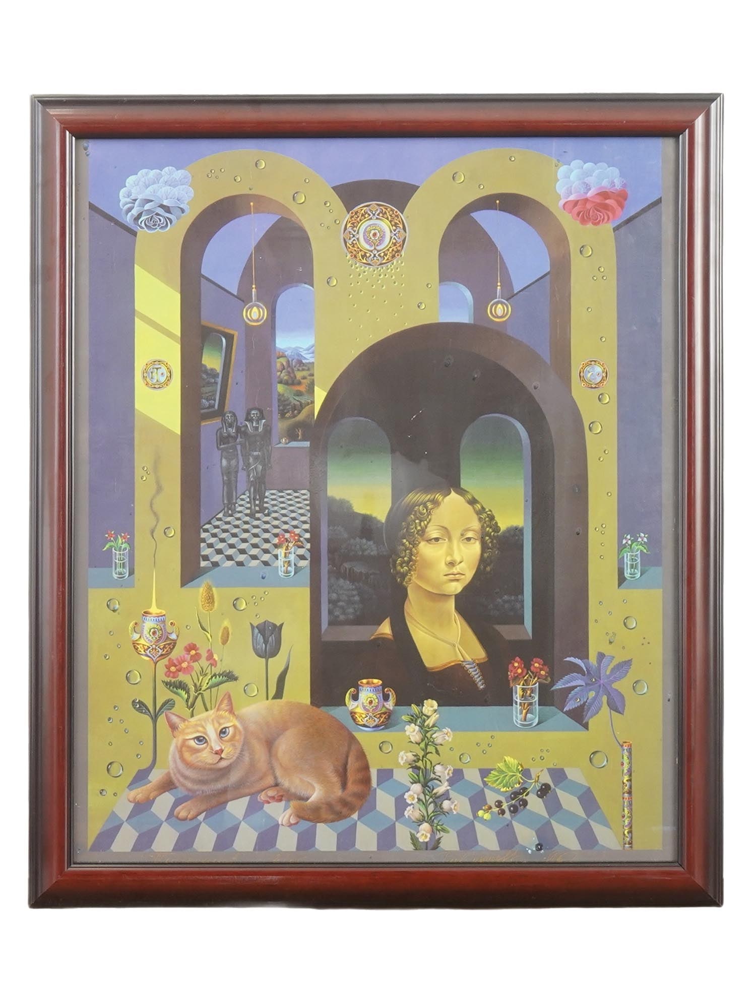 IGOR TULIPANOV RUSSIAN AMERICAN SURREALIST LITHOGRAPH: Igor Tulipanov, Russian, born 1939, color offset lithograph on paper. Surrealist composition, portrait of Ginevra de Benci by Leonardo da Vinci in floral interior. Signed in plate in the lower right.
