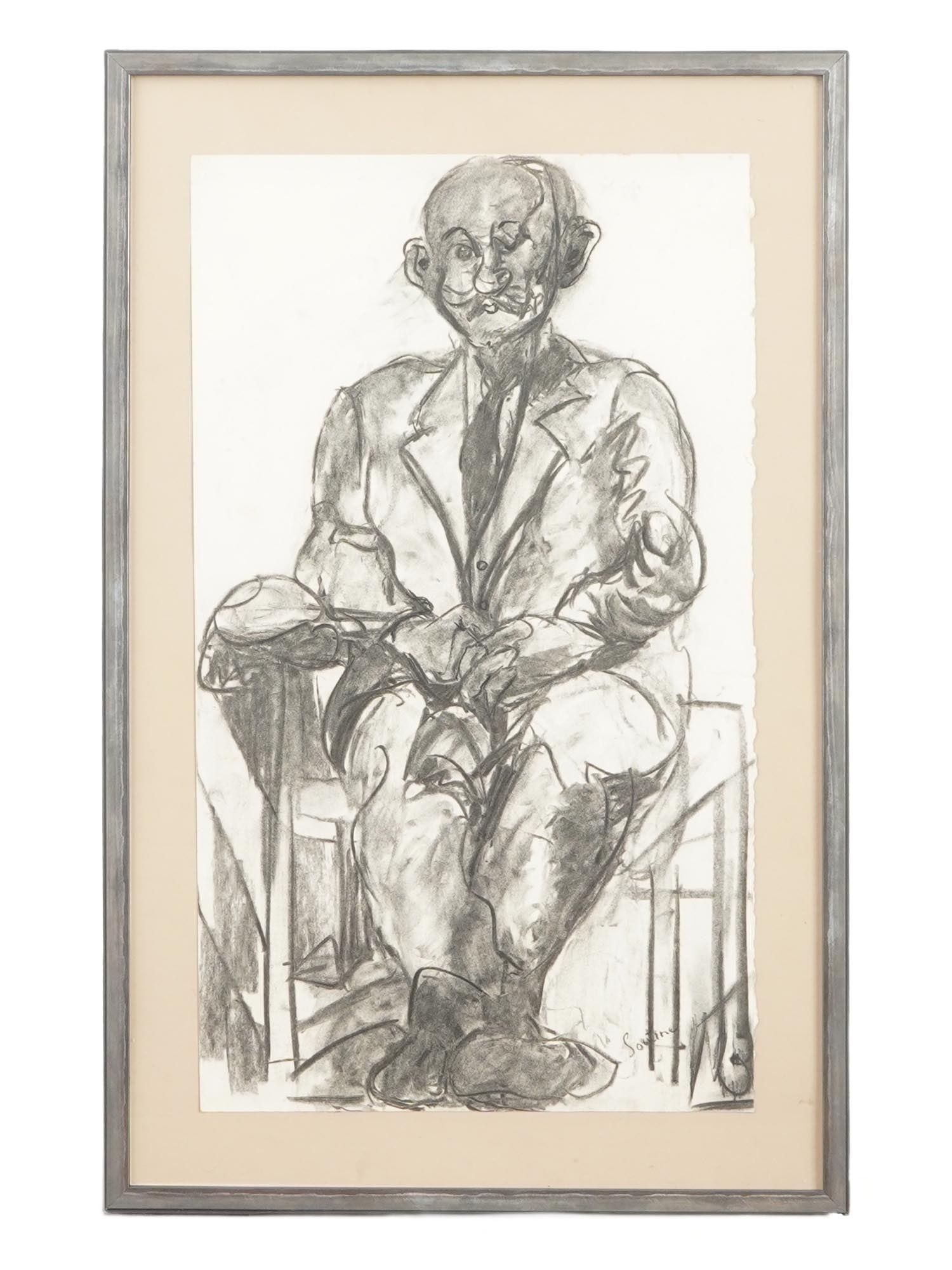 ATTR TO CHAIM SOUTINE FRENCH PORTRAIT CHARCOAL PAINTING: A charcoal painting on paper attributed to Chaim Soutine, 1893 to 1943, a French artist of Belarusian-Jewish origin, key figure of the School of Paris. The artwork depicts a portrait of a seated man.