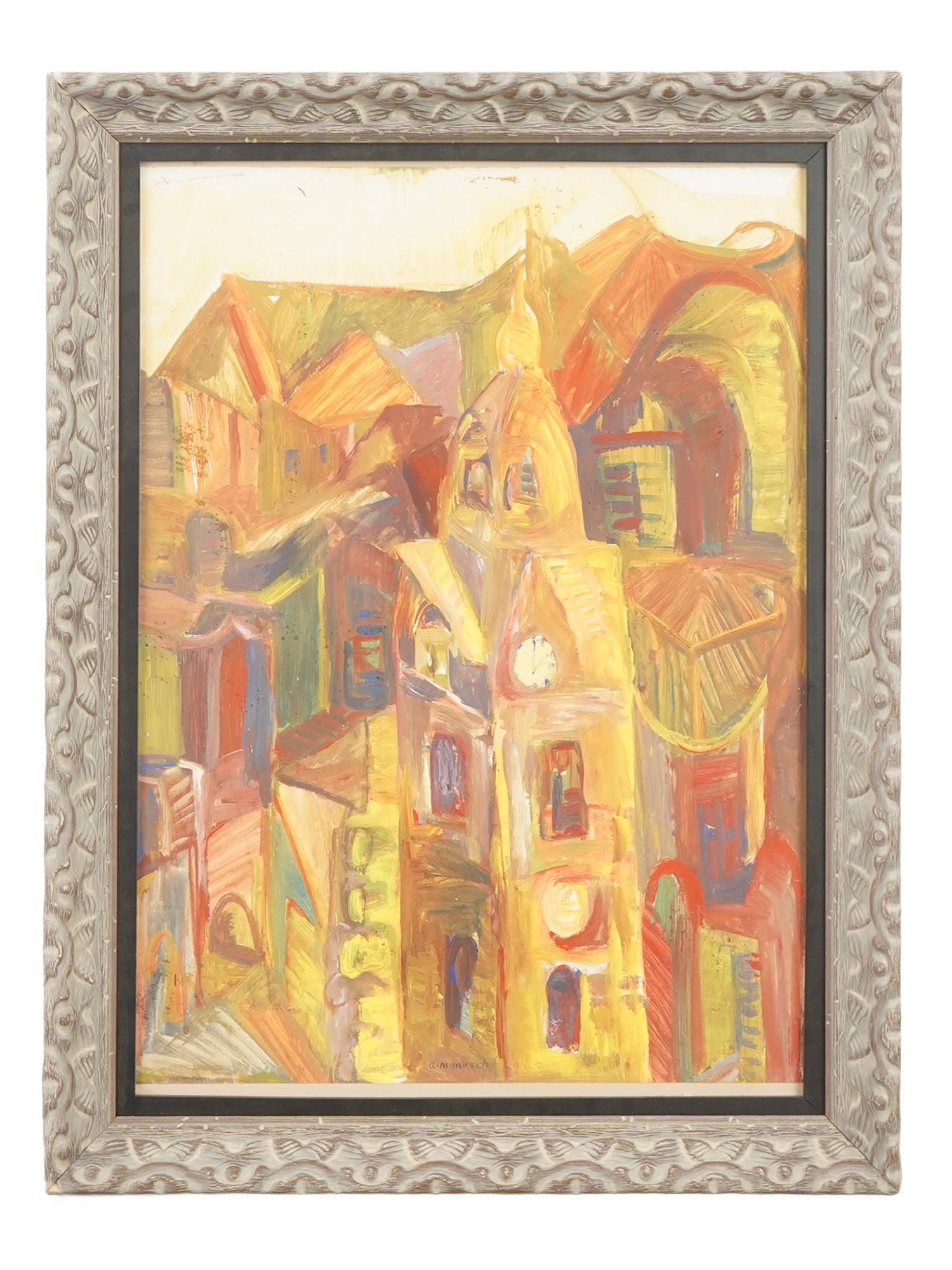 SIGNED ABRAHAM MANIEVICH RUSSIAN OIL PAINTING: Oil on paper painting signed Abraham A. Manievich, Russian, American, 1881 to 1942. The artwork depicts an expressionistic cityscape in a yellow-red palette. Signed A. Manievich lower to the center. F