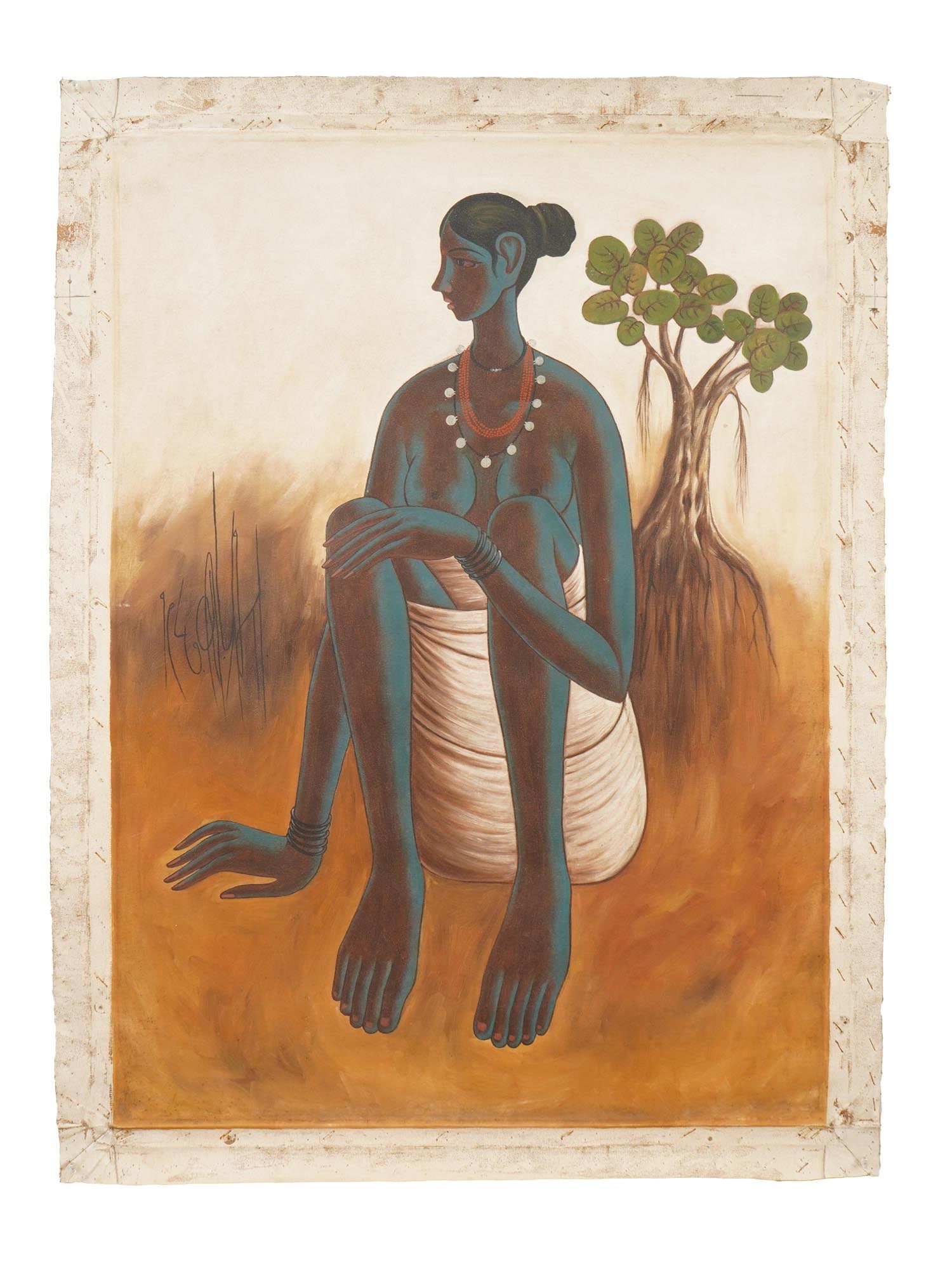 INDIAN OIL PAINTING SIGNED B PRABHA WITH COA: An oil painting on canvas depicting a portrait of a woman, 1981. Signed, B. Prabha to the center left. Completed with a certificate of authenticity, signed. B. Prabha is known for Female portrait, fig