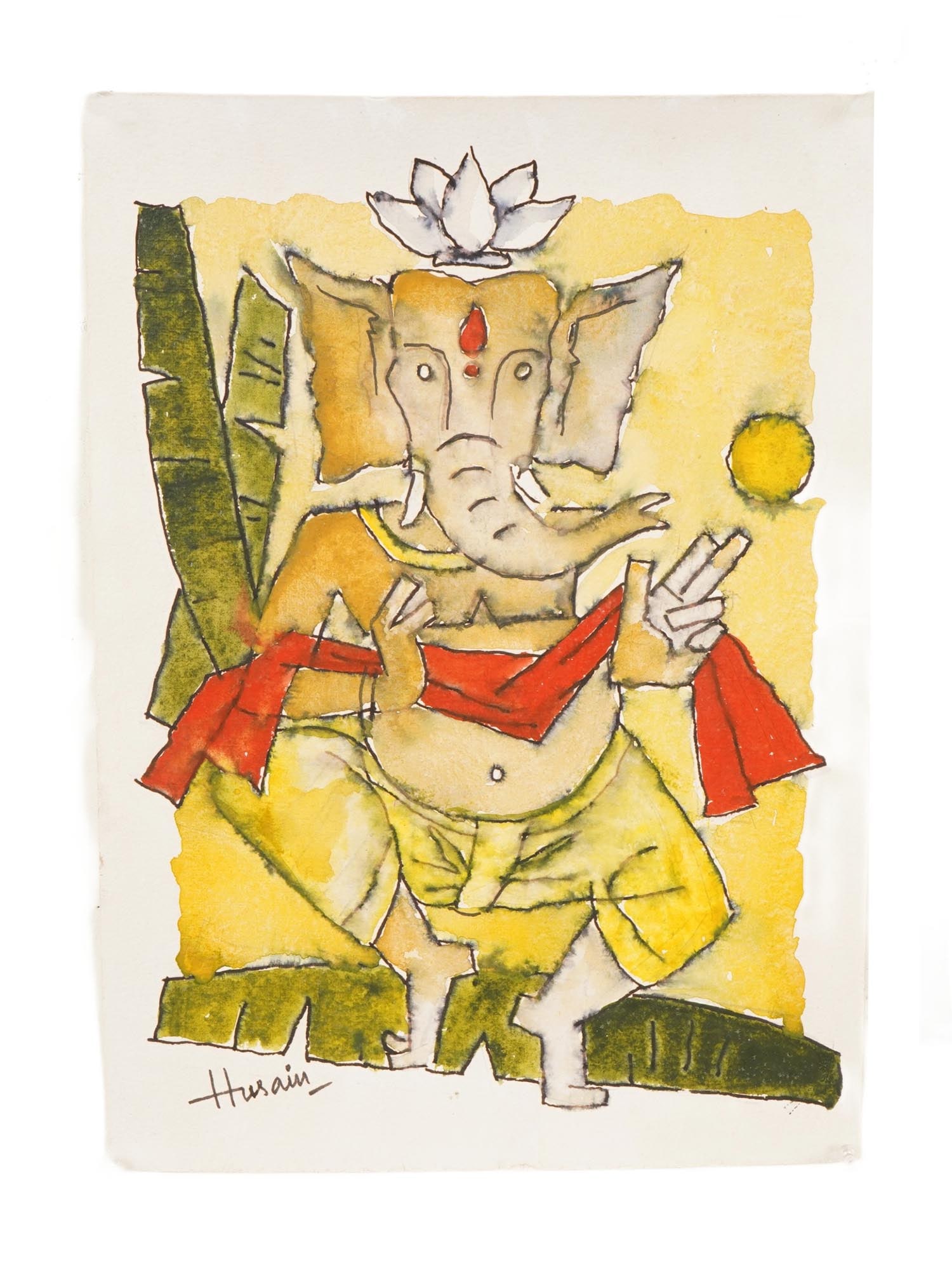 INDIAN WATERCOLOR PAINTING SIGNED M F HUSAIN: A watercolor painting on paper signed lover left, Husain. The artwork depicts the elephant god Ganesha. Maqbool Fida Husain, Indian, English, 1913 to 2011, was an Indian artist known for executing bol