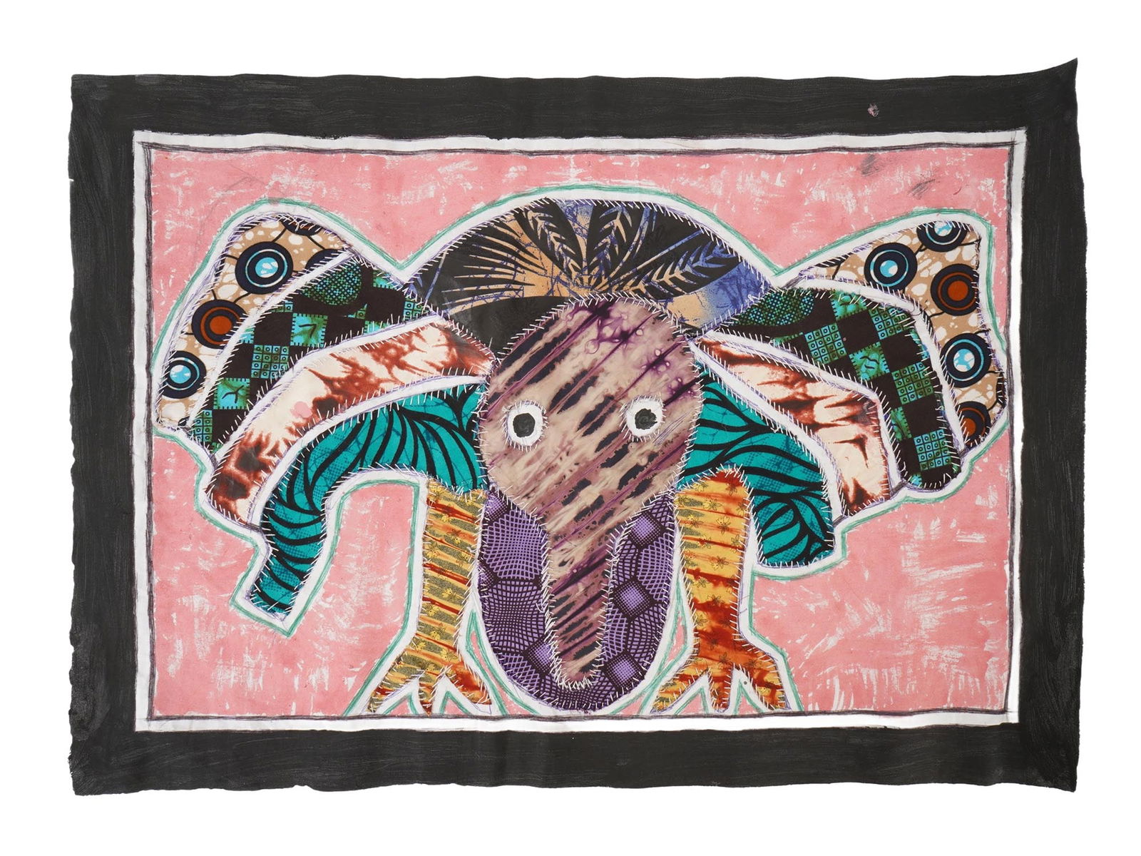 NIGERIAN STITCH FABRIC ARTWORK BY KAYODE BURAIMOH: Kayode Buraimoh, a Contemporary Nigerian artist, a mixed media stitch fabric artwork, Bird, 2024. The painting depicts a figurative composition. Signed, titled, dated 2024, and inscribed, on the backs