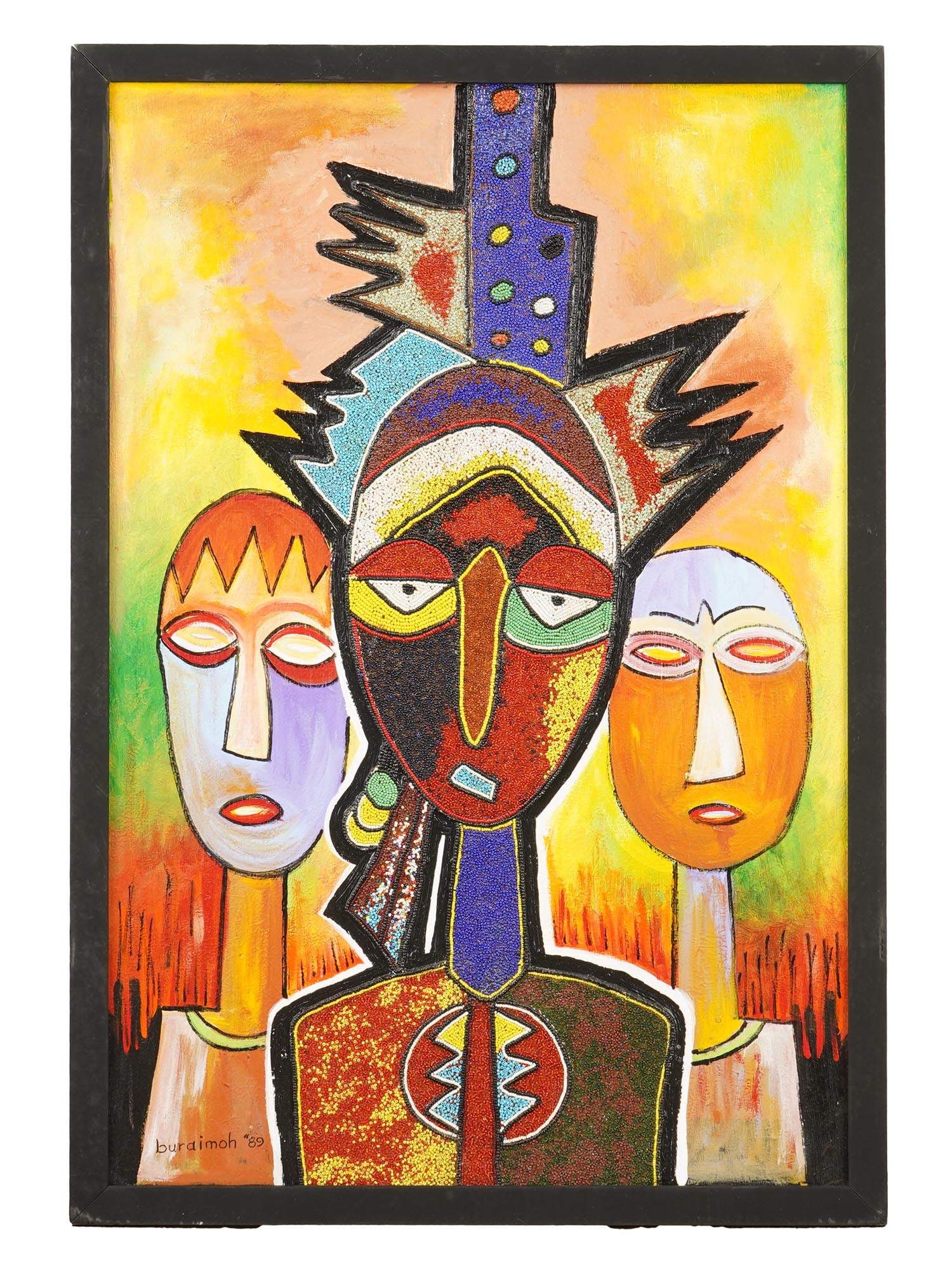 JIMOH BURAIMOH NIGERIAN PAINTING NUCLEAR FAMILY 1989: Jimoh Buraimoh, Nigerian, born 1943, an acrylic and beads painting on board depicting three stylized figures. Titled Nuclear Family and 1989. Signed lower left. Framed. Jimoh Buraimoh is one of the mo