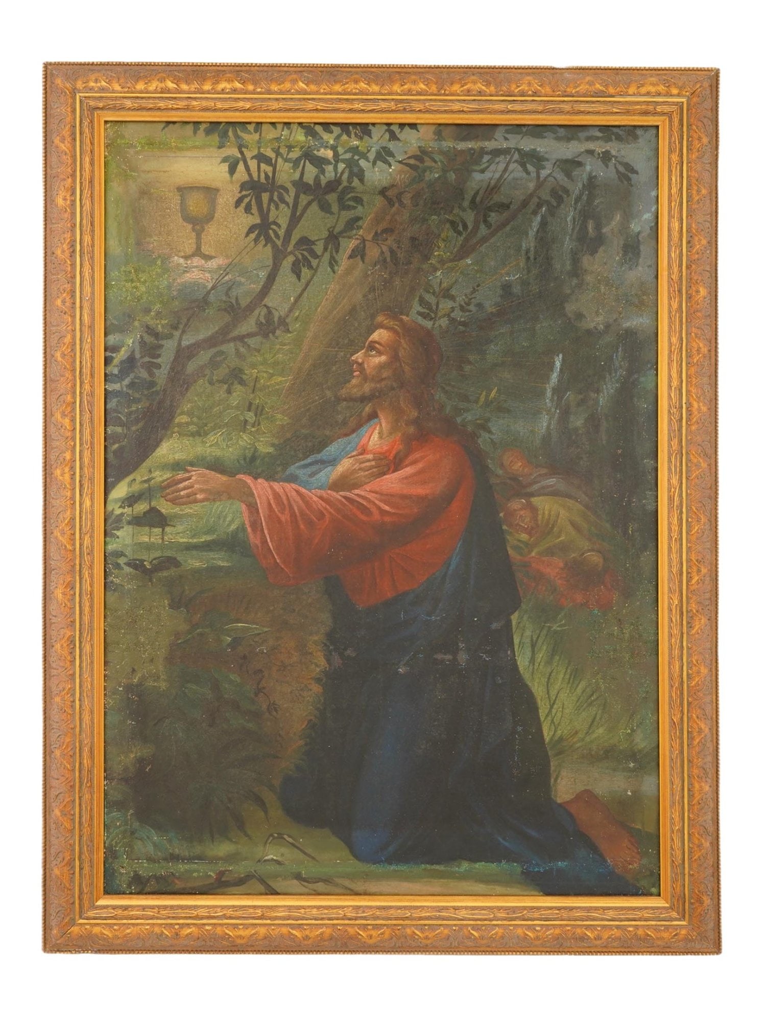 ANTIQUE RUSSIAN ICON PAINTING CHRIST IN GETHSEMANE: An antique 19th-century Russian oil on canvas icon painting. The artwork depicts Christ in the Garden of Gethsemane, a subject known in Western tradition as Agony in the Garden and in Orthodox iconogr