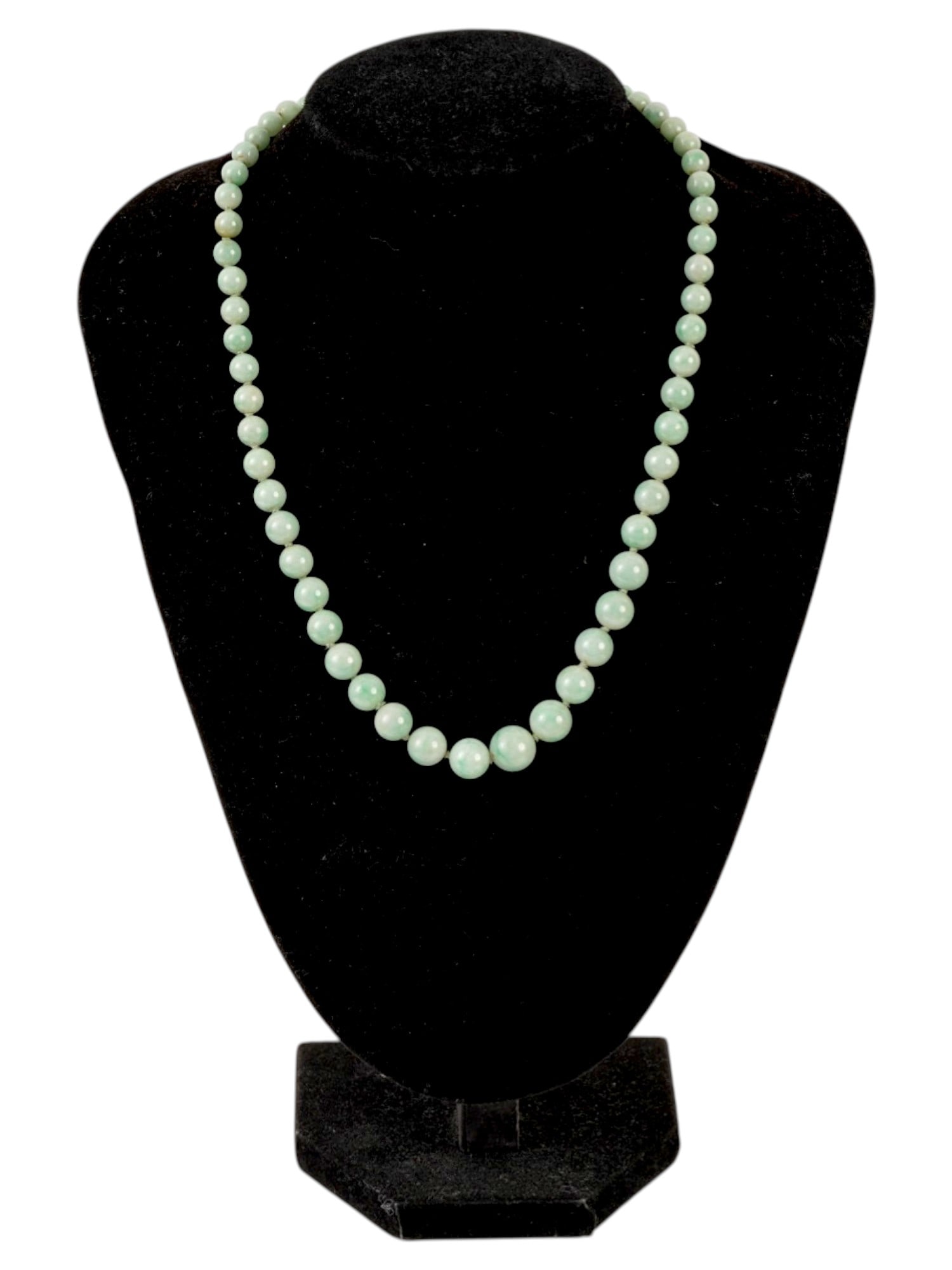 NATURAL UNTREATED JADE BEAD NECKLACE W 14K GOLD CLASP: A vintage natural untreated jade bead necklace. Bears a 14K yellow gold clasp. Marked on the clasp with 14K gold. Stone Bead Jewelry, And Collectibles. Total weight: 37.5 g. THIS LOT IS ELIGIBL