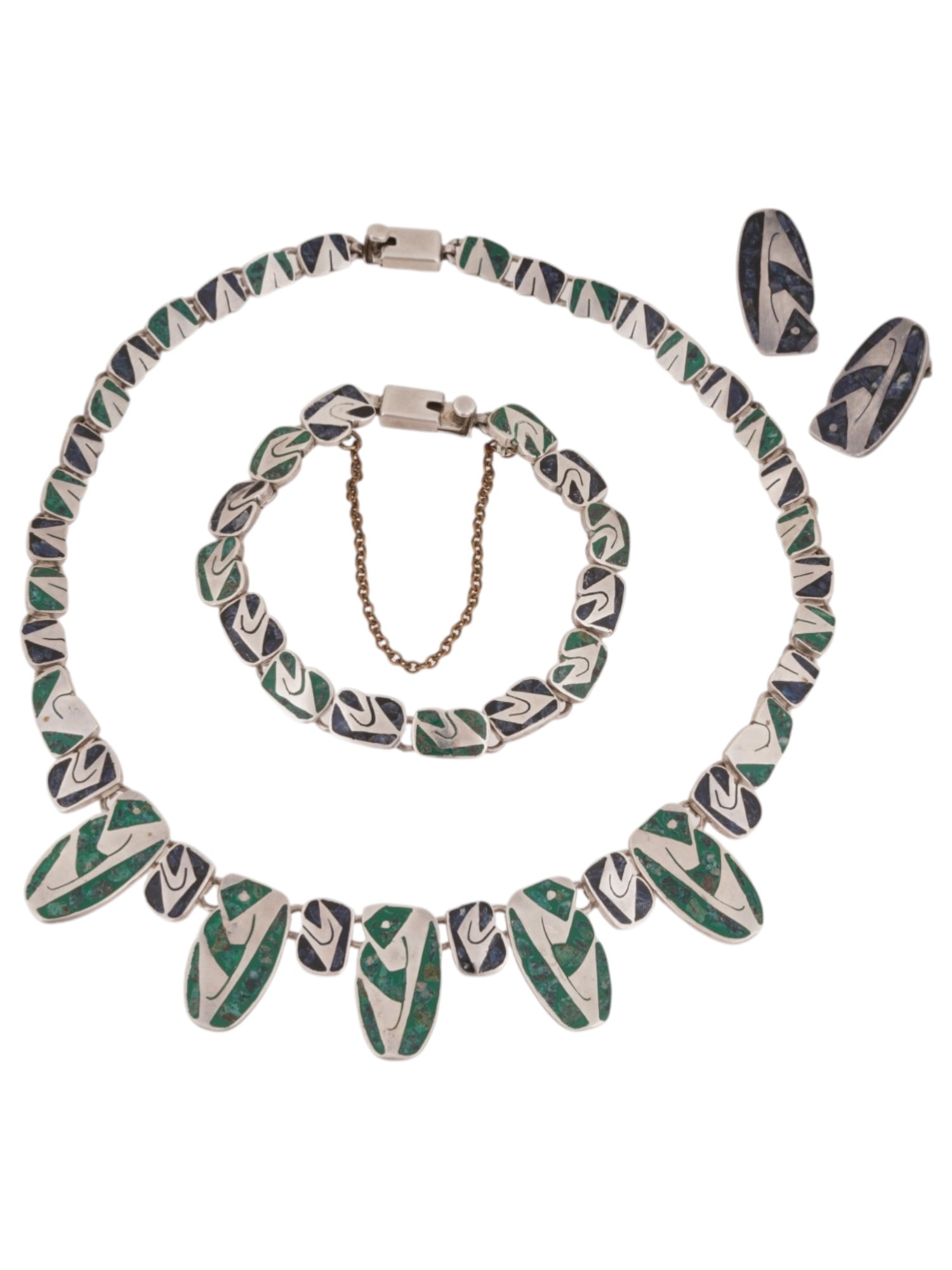 MEXICAN ART DECO ST SILVER NECKLACE BRACELET CLIPS SET: A vintage Mexican Art Deco sterling silver set, including necklace, bracelet and a pair of ear clips. The set features an abstract mosaic design with inlays of green stone, likely malachite. All piece