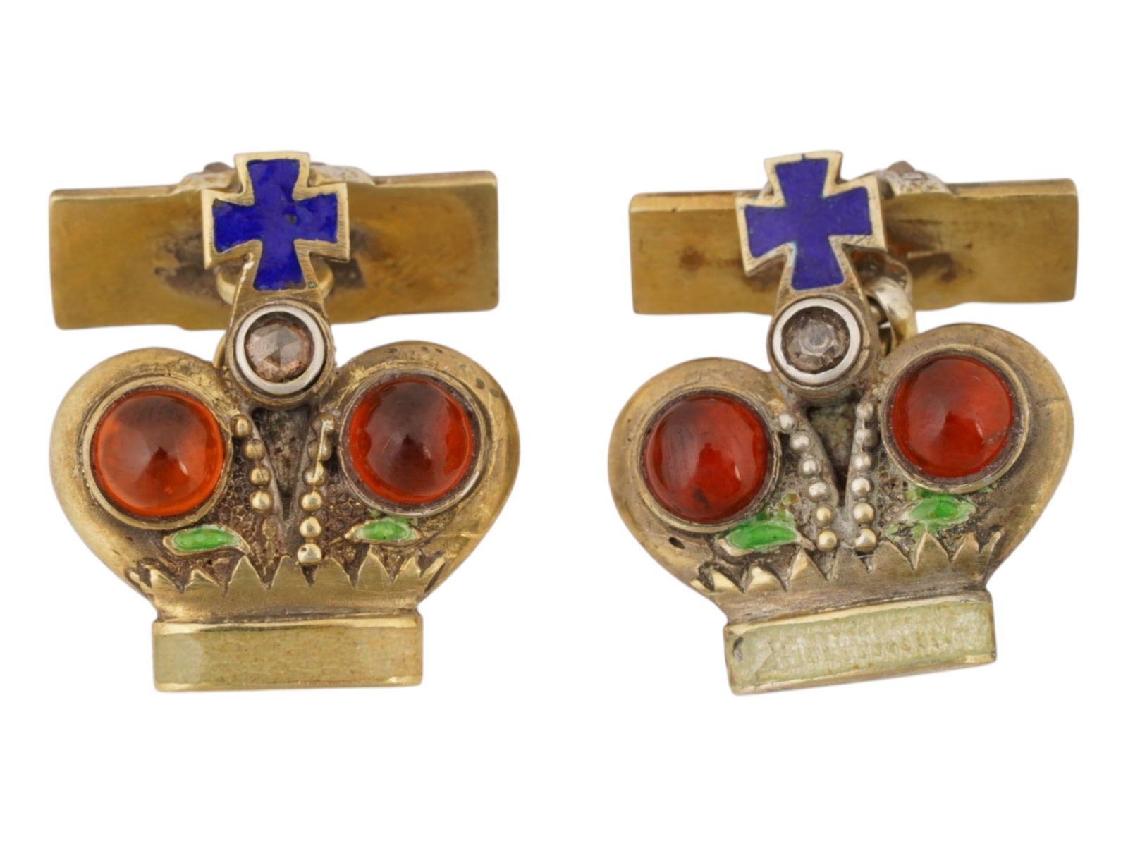 RUSSIAN SILVER ENAMEL GEMS DIAMONDS CROWN CUFFLINKS: A pair of Russian gilt silver enamel chain-style crown cufflinks decorated with diamonds and gemstones. Backing are embellished with diamonds. Each piece has an 84 Russian silver standard hallmark and