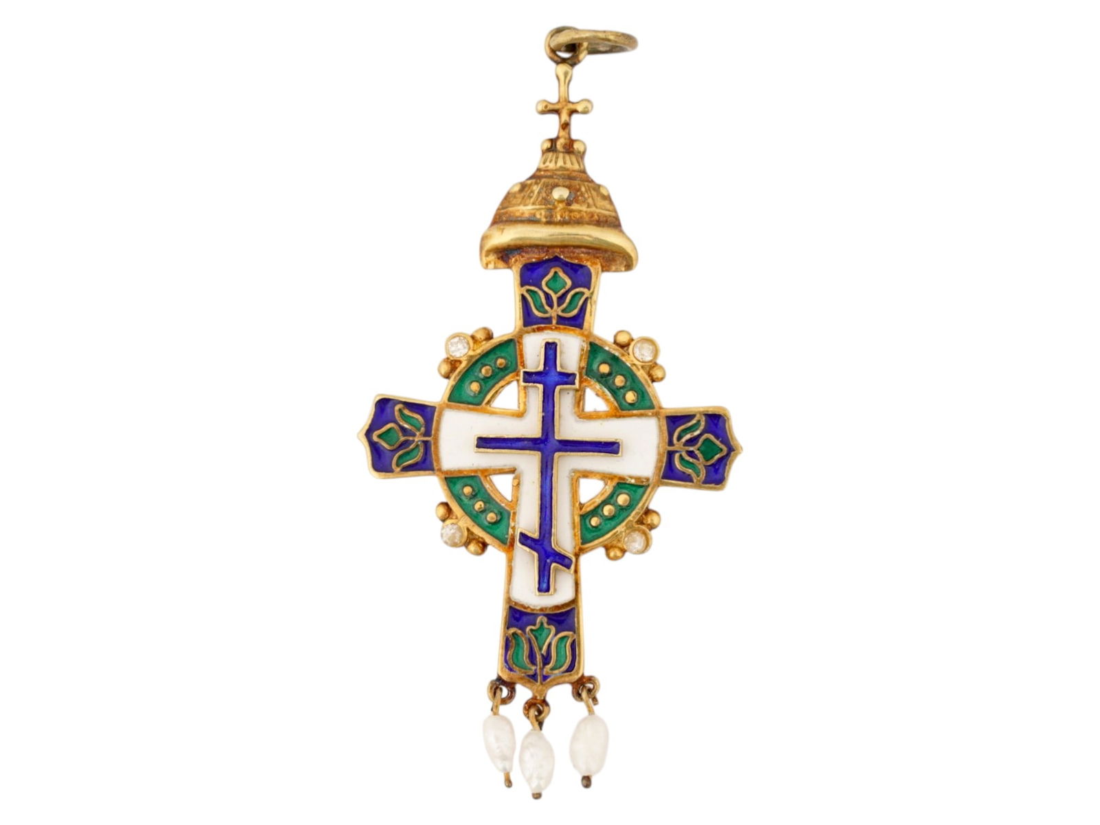 RUSSIAN SILVER ENAMEL CROSS W NATURAL PEARLS AND GEMSTONES (1 of 8)