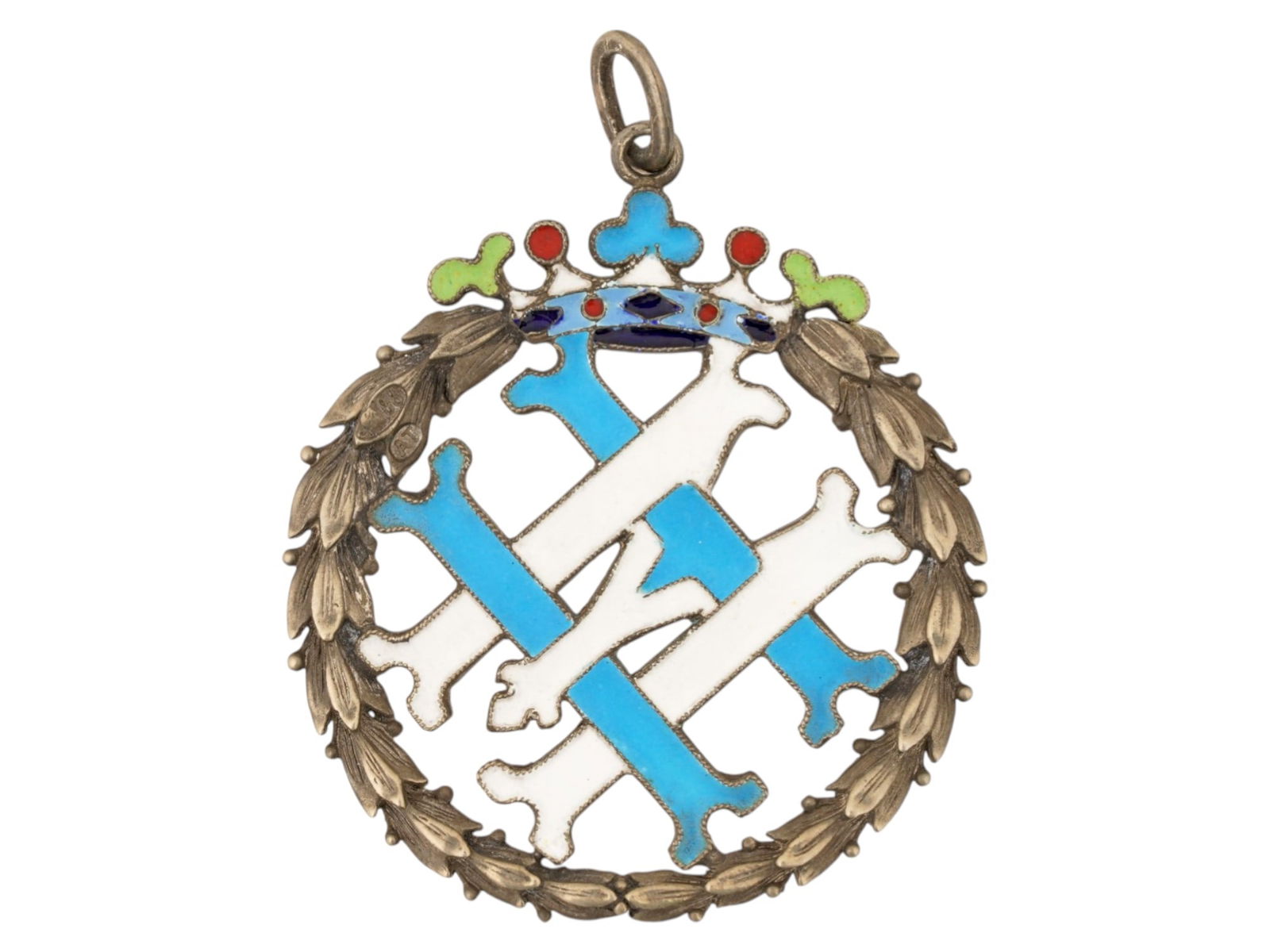 RUSSIAN 88 SILVER ENAMEL IMPERIAL MONOGRAM PENDANT: A Russian 88 gilt Silver and enamel pendant. The pendant is adorned with an Imperial monogram of Grand Duke Nikolai Mikhailovich, 1859 to 1919, featuring a relief laurel wreath to the edge, a crown on