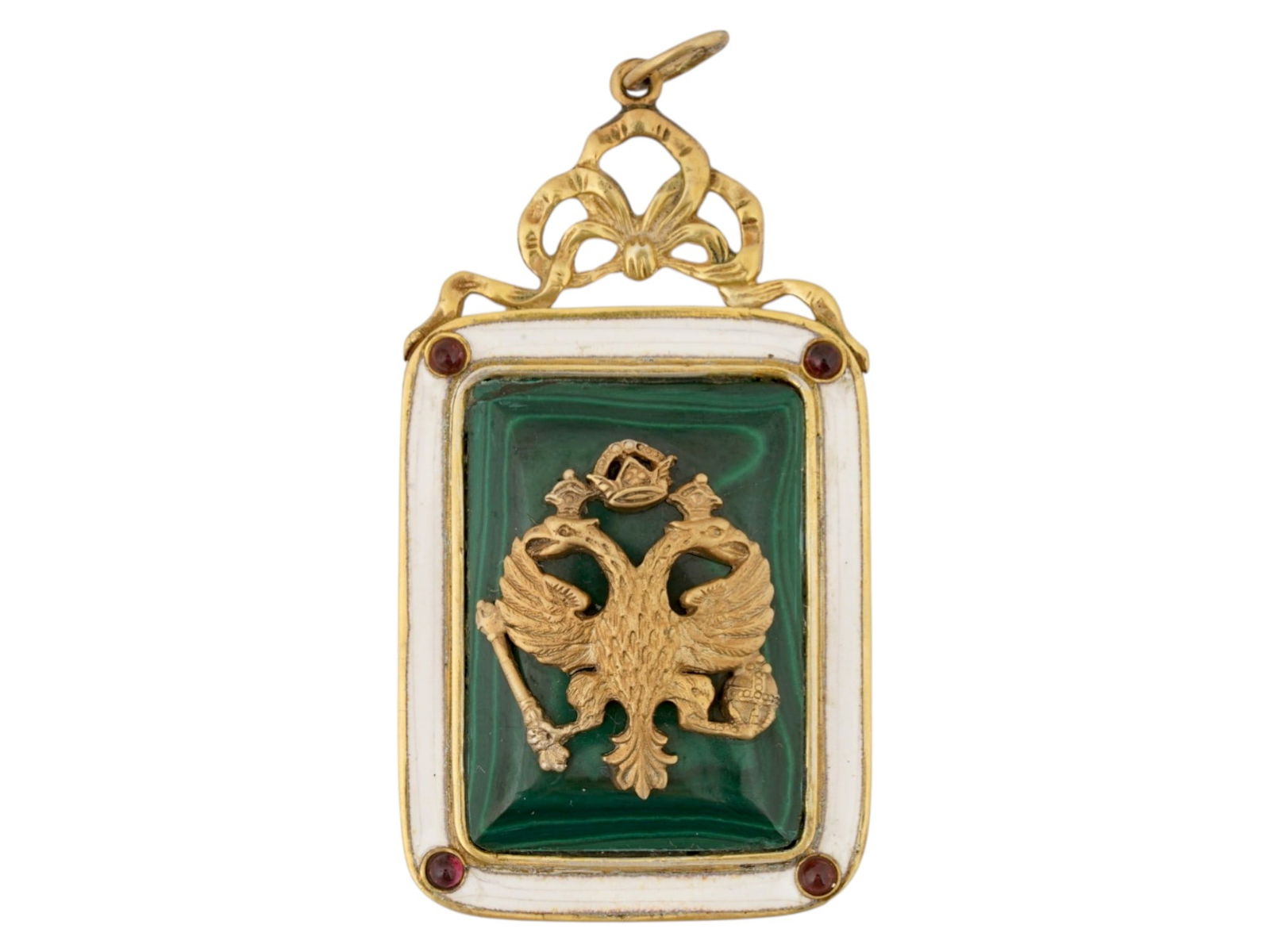 RUSSIAN IMPERIAL SILVER ENAMEL MALACHITE PENDANT: A Russian gilt silver presentation pendant featuring a polished malachite central part with figurative overlay featuring an Imperial eagle. The white enamel framing is embellished with four gemstone c