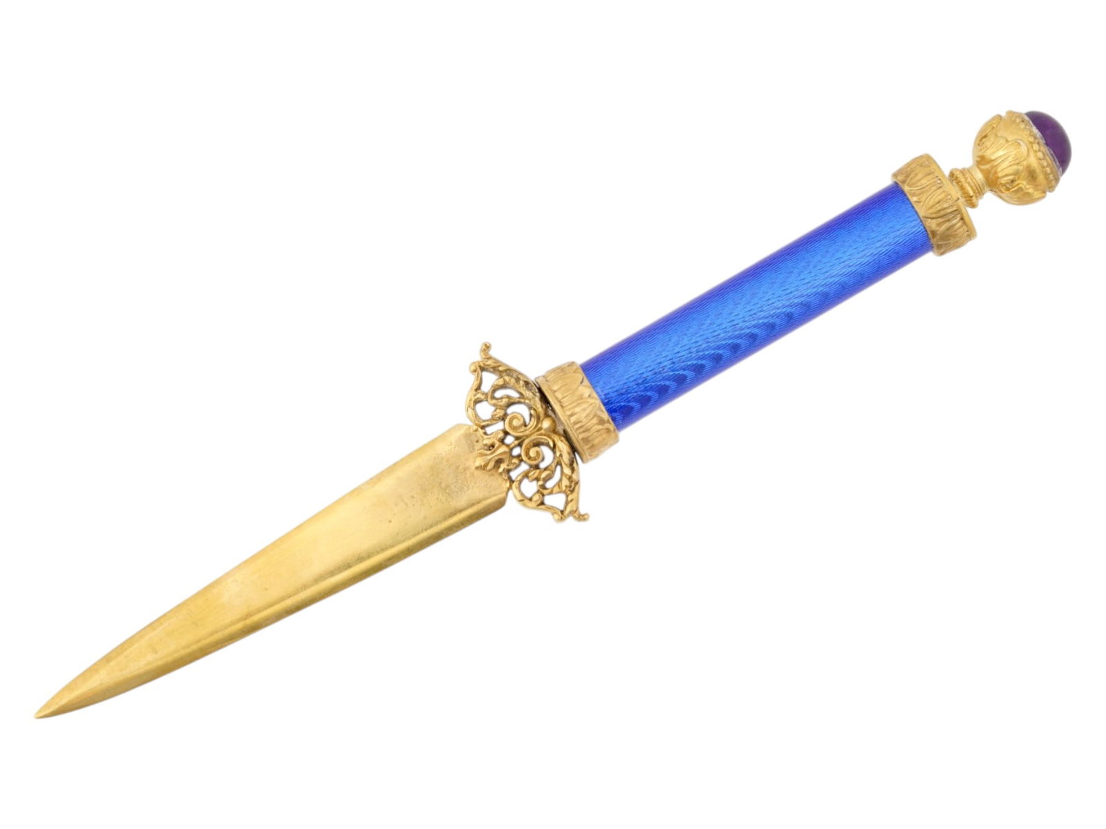 RUSSIAN GILT SILVER ENAMEL LETTER OPENER W AMETHYST: A Russian letter opener with a gilt silver blade decorated with openwork floral decor on the ricasso. The handle is covered with blue enamel over a wavy guilloche ground. The top is set with a large