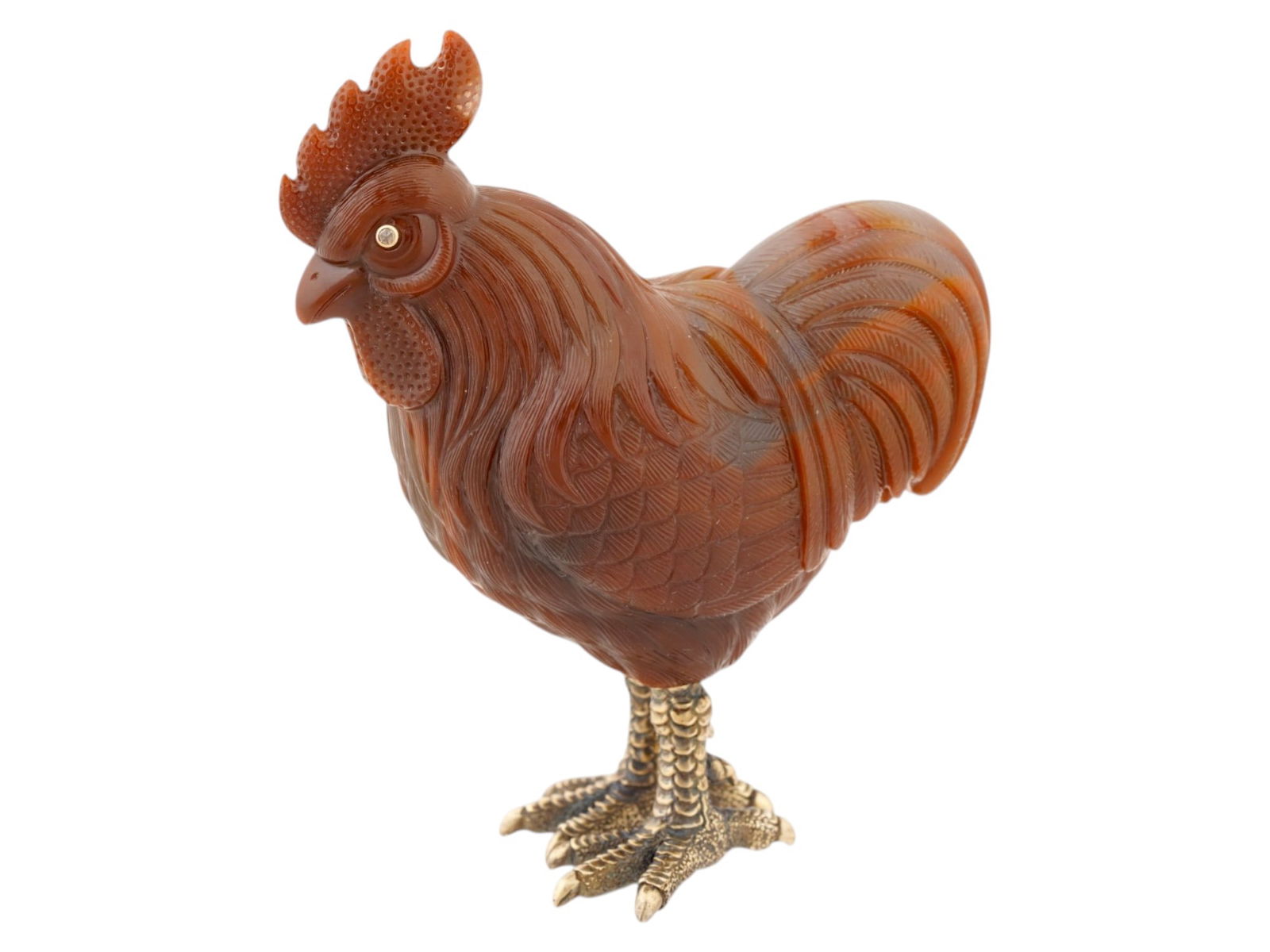 RUSSIAN AGATE GOLD SILVER DIAMOND EYES ROOSTER FIGURE: A Russian figurine of a rooster carved from an Agate stone. The figurine is engraved with detailed patterns. The eyes are set with diamonds in gold mounts. Stands firmly on 88 gilt Silver feet.
