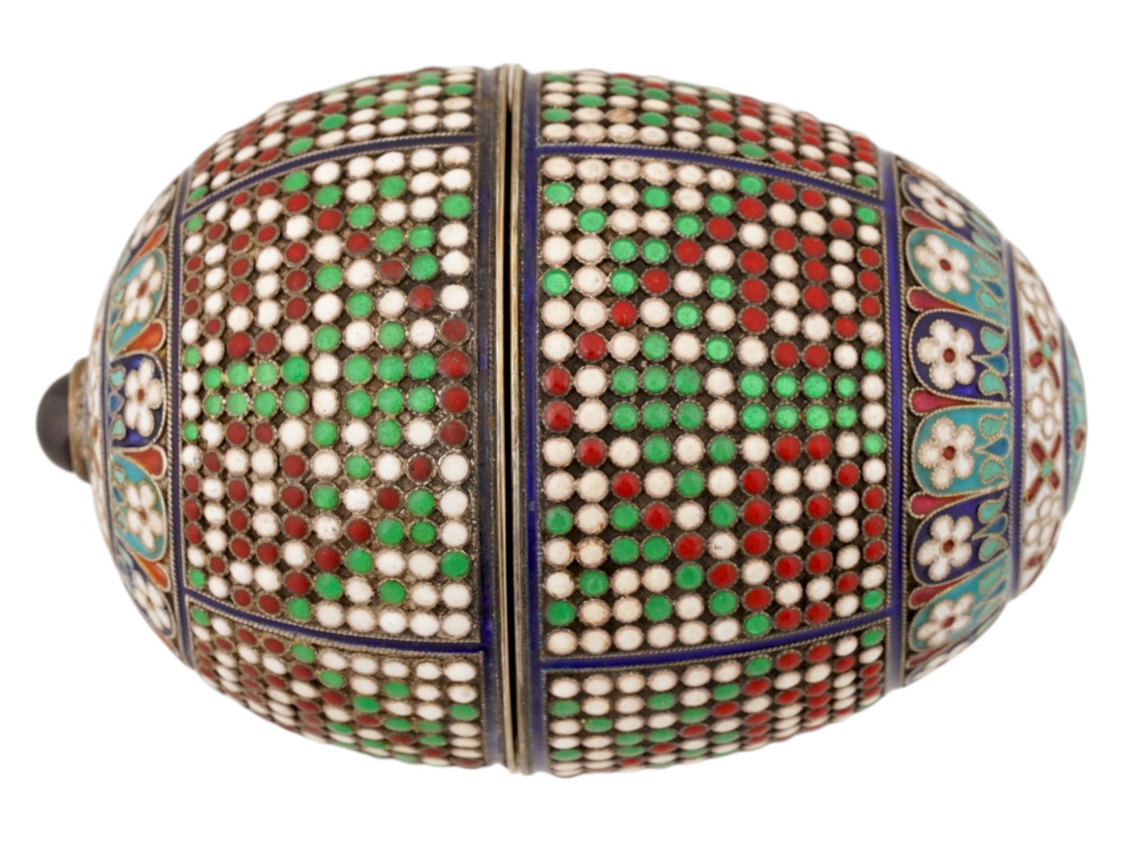LARGE RUSSIAN GILT SILVER ENAMEL EASTER EGG W GEMSTONE: A large Russian 88 gilt silver and enamel easter egg. The item is garnished with geometrical, floral and foliage cloisonne enamel decor. A gold wash interior. The ware is encrusted with a gemstone,