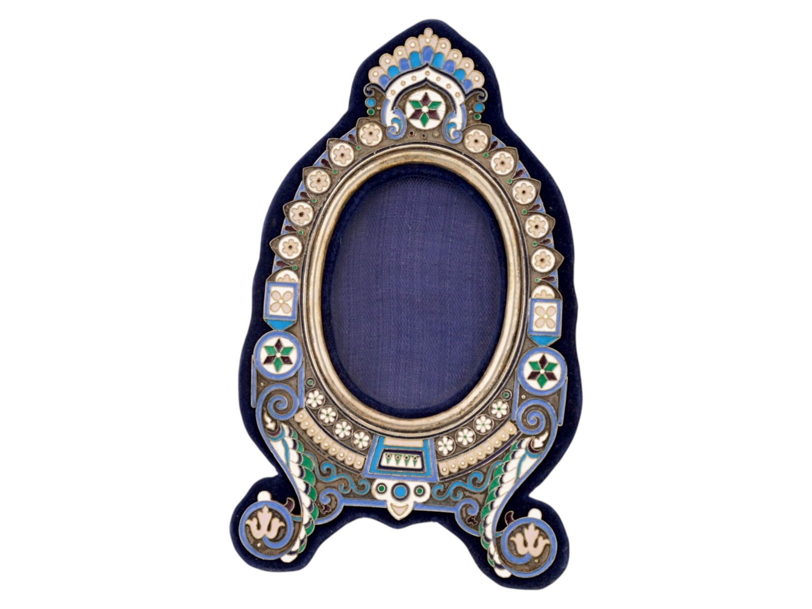 RUSSIAN SILVER CLOISONNE ENAMEL PICTURE FRAME: AH119484A Russian silver standing picture frame. Oval shape, pronounced feet. The piece is decorated with polychrome floral cloisonne enamel ornaments in a blue and beige color palette. The backside