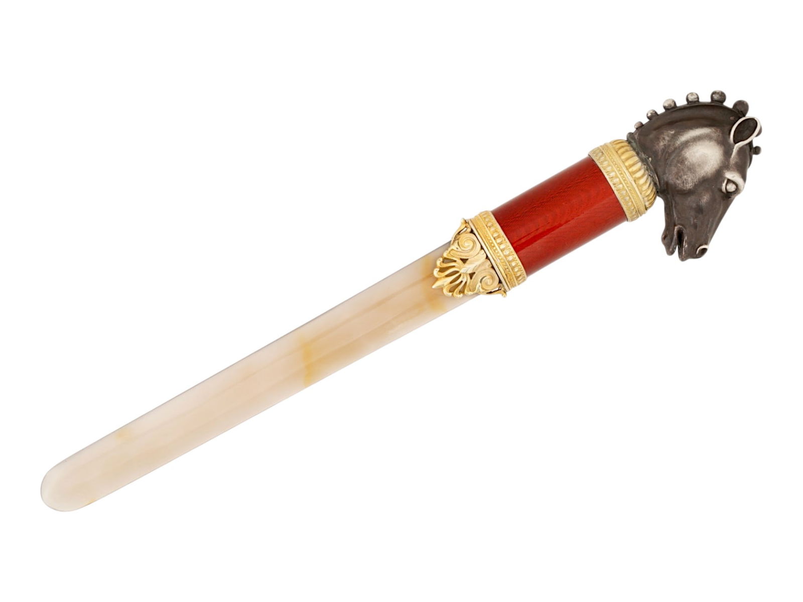 RUSSIAN SILVER AGATE ENAMEL LETTER OPENER W HORSE HEAD: A Russian silver letter opener featuring a carved agate blade, a red guilloche enamel handle, and a finely detailed silver horse-head finial. Adorned with filt silver foliate elements. Hallmarked