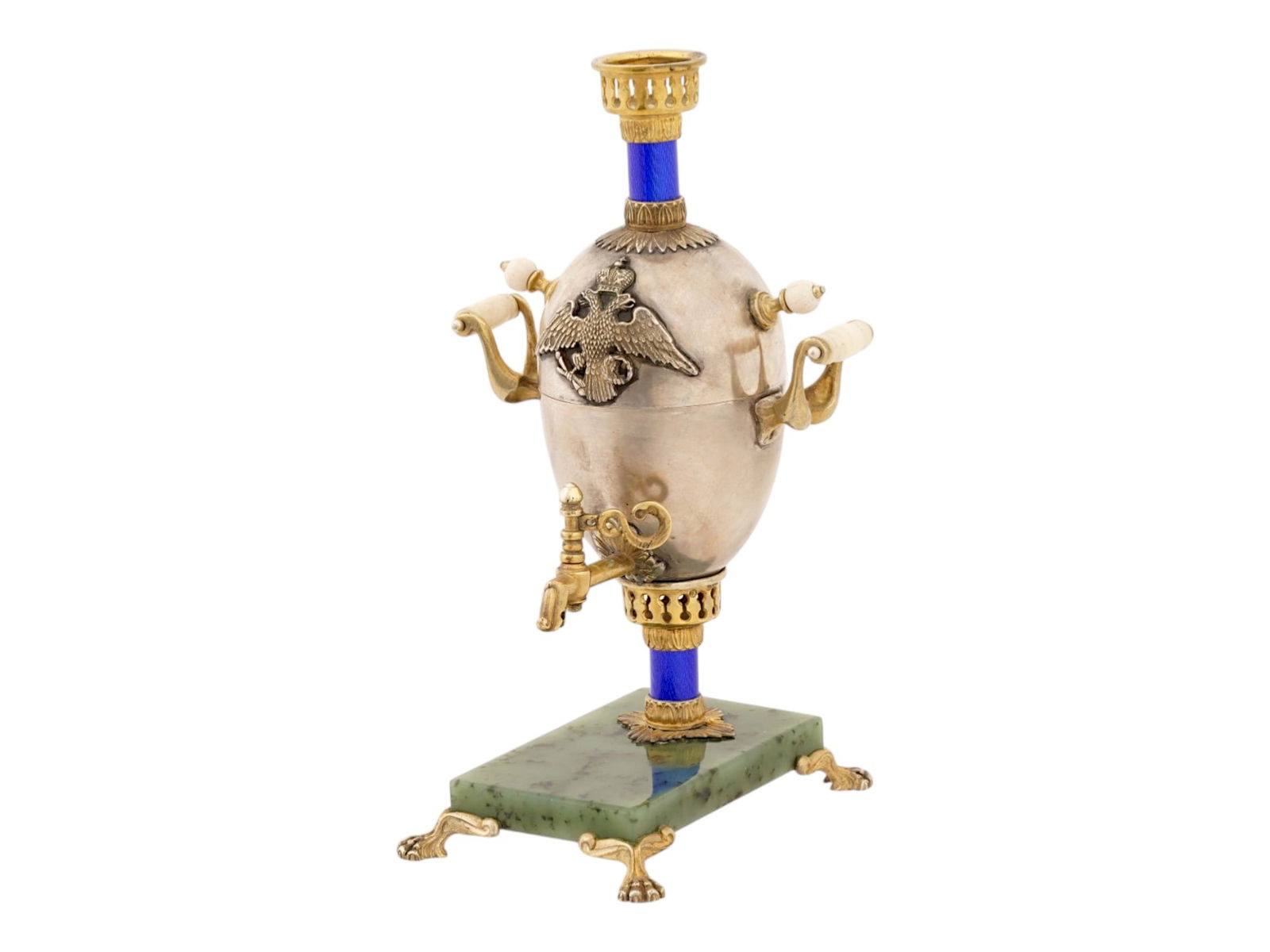 RUSSIAN SILVER ENAMEL EASTER EGG SAMOVAR ON A JADE BASE (1 of 11)