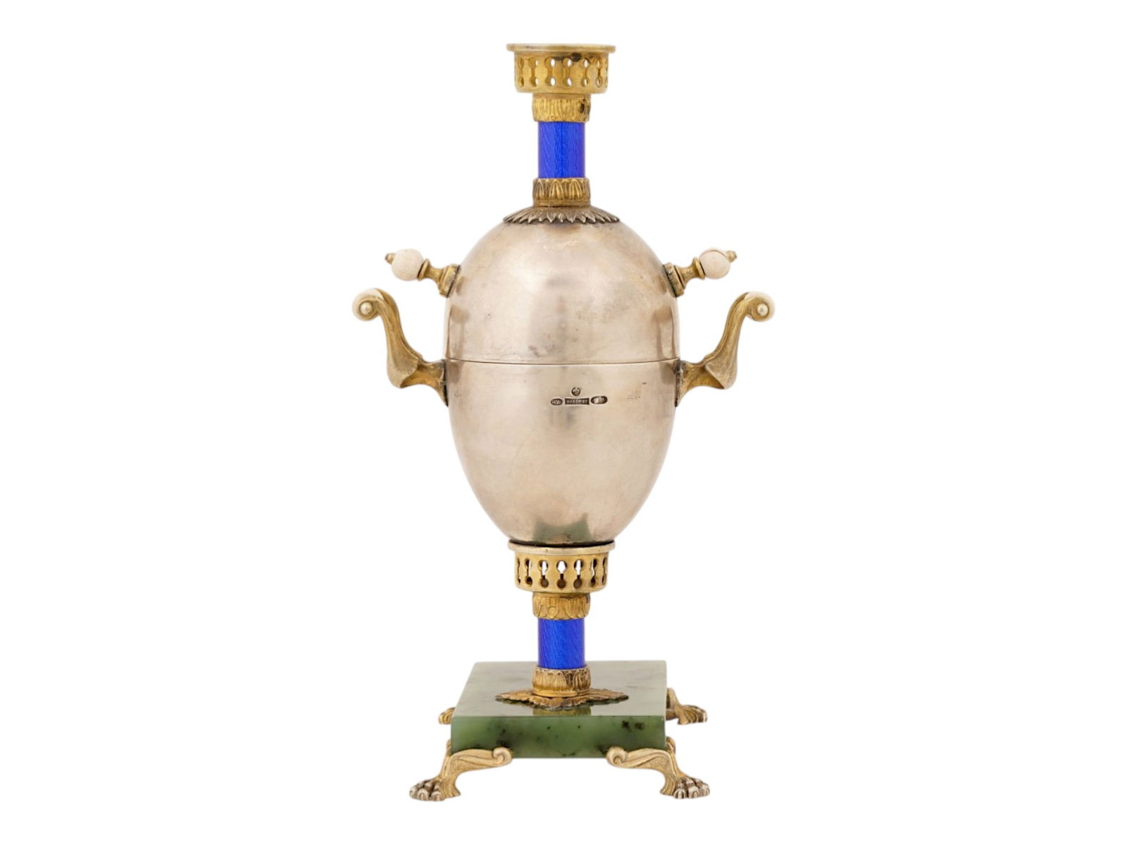 RUSSIAN SILVER ENAMEL EASTER EGG SAMOVAR ON A JADE BASE - 4