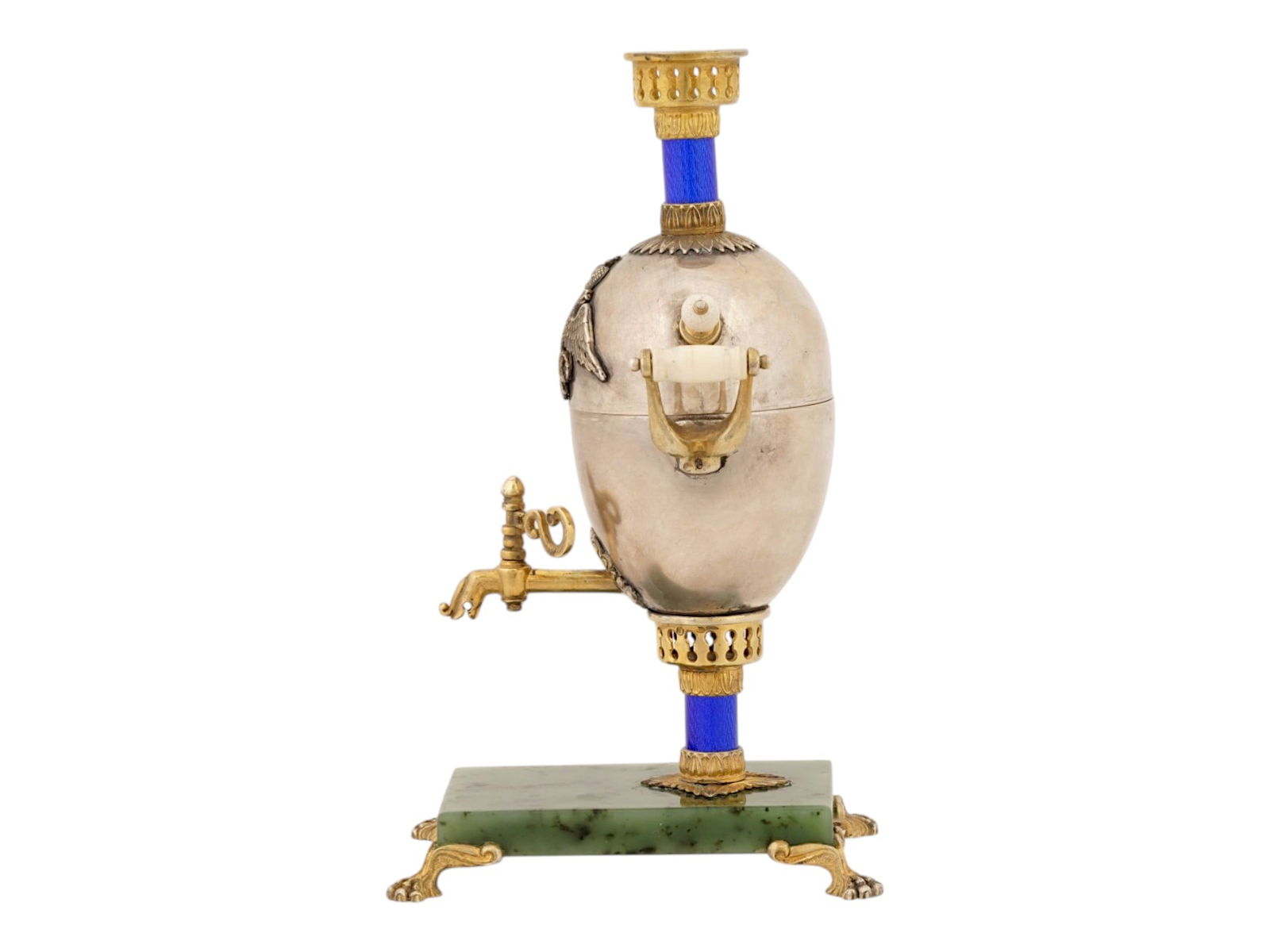 RUSSIAN SILVER ENAMEL EASTER EGG SAMOVAR ON A JADE BASE - 5