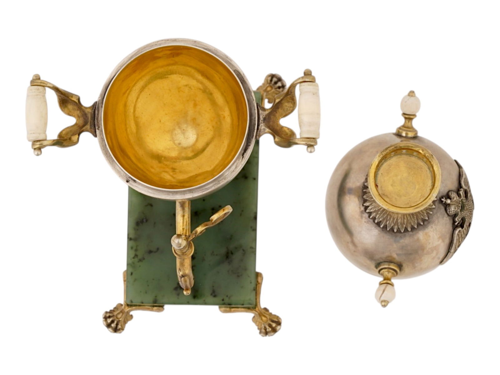 RUSSIAN SILVER ENAMEL EASTER EGG SAMOVAR ON A JADE BASE - 6