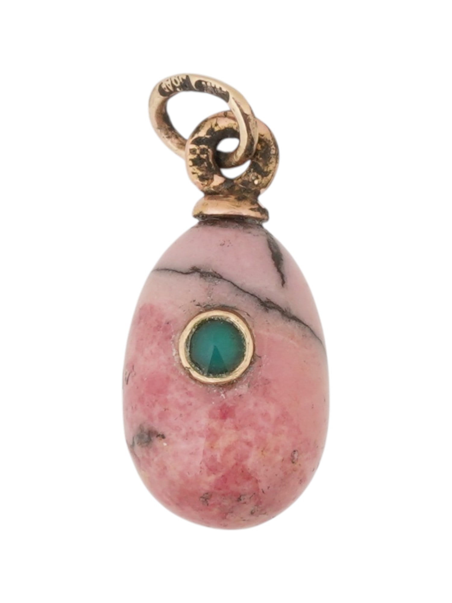 RUSSIAN GOLD RHODONITE EASTER EGG PENDANT WITH EMERALD: A Russian carved rhodonite Easter egg pendant adorned with a central emerald in gold fittings. Rhodonite, known for its beautiful pink hues and distinct veining, makes for a striking and elegant