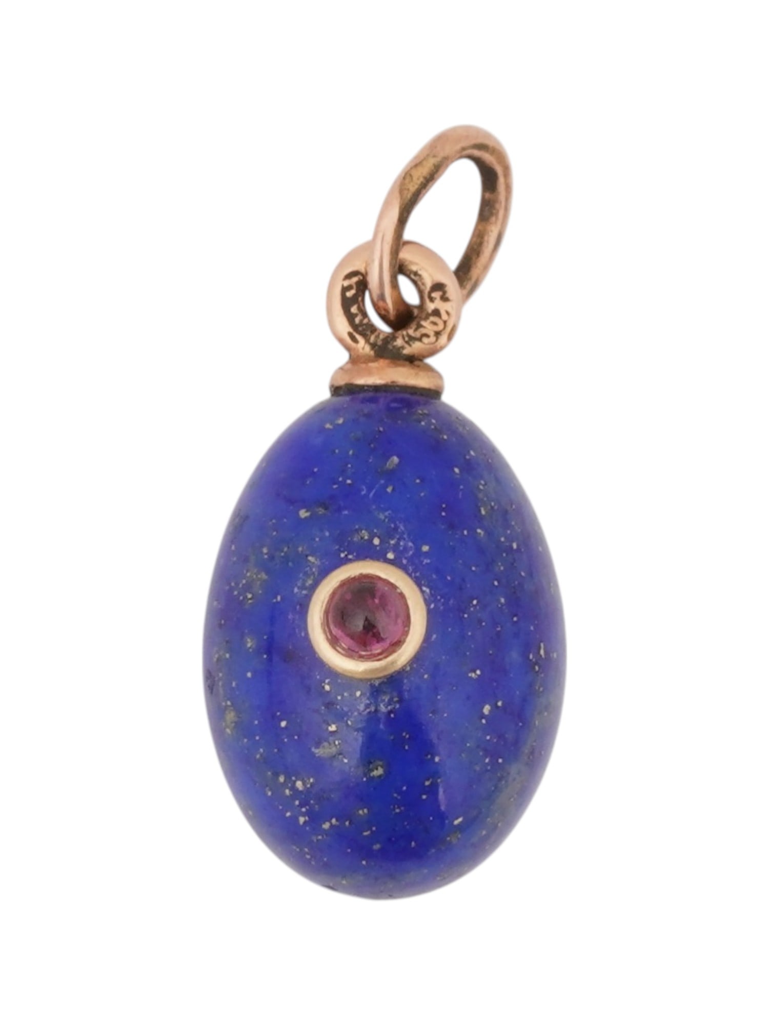RUSSIAN 14K GOLD LAPIS EASTER EGG PENDANT W RUBY: A Russian hand carved Lapis Lazuli and Gold Easter egg pendant. The pendant is encrusted with a round cut Ruby stone in a gold setting to the center. Marked with 56 Imperial gold standard for 14K