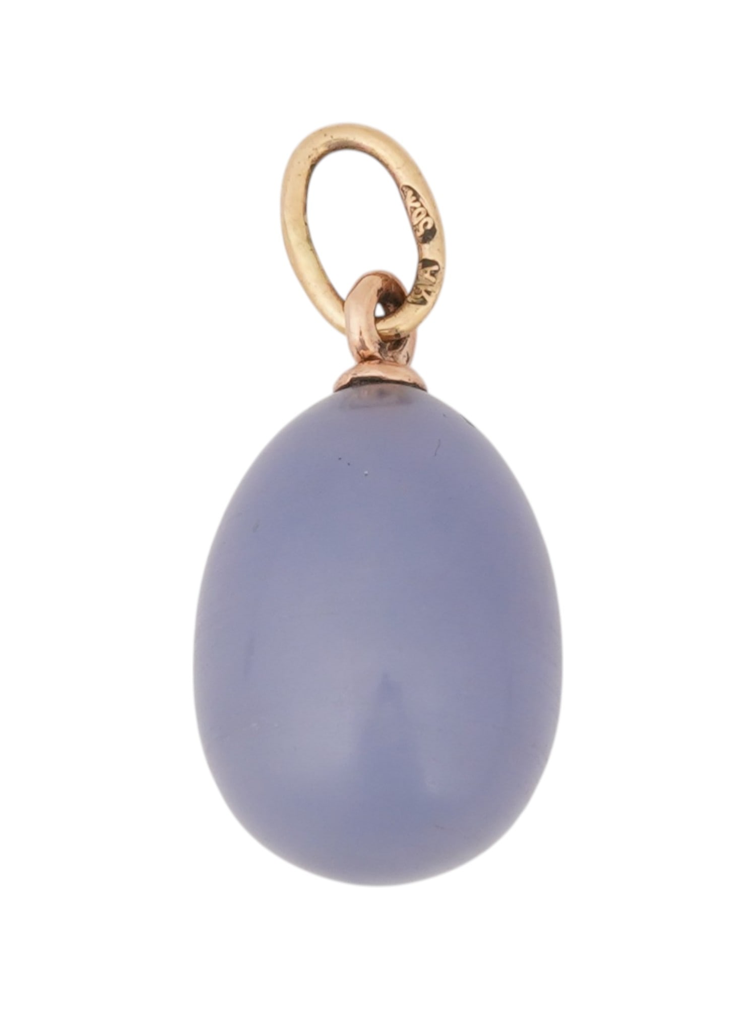RUSSIAN 14K GOLD BLUE CHALCEDONY EASTER EGG PENDANT: A Russian 14K Gold Easter egg pendant. The pendant is made of hand carved blue Chalcedony stone with gold fittings to the body. Marked on the fitting ring with a 56 Russian Gold standard for 14K