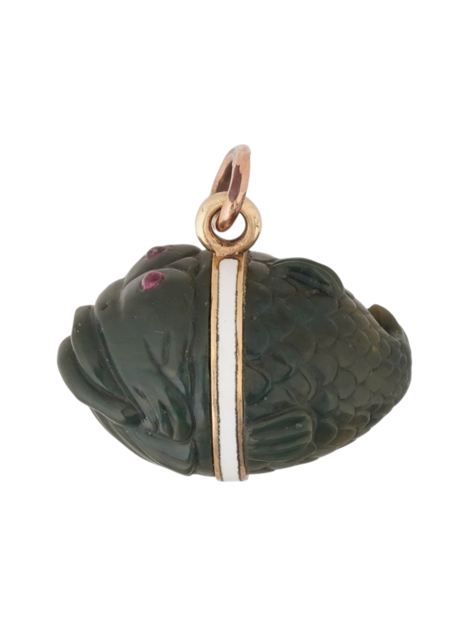 RUSSIAN 14K GOLD JADE FISH EASTER EGG PENDANT RUBY EYES: A Russian 14K Gold Easter egg pendant. The pendant is made in a figural design representing fish. The central part is covered with enamel in a white shade. The figurine is engraved with detailed