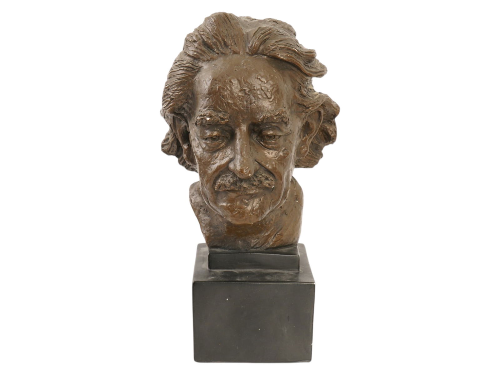 VINTAGE PLASTER ALBERT EINSTEIN BUST BY ESCO PRODUCTS: A vintage plaster with applied bronze tone and ebonized patina, Albert Einstein bust sculpture by Esco Products. Based on an original model by Domenico Mazzone, born 1927 Italian sculptor. Marked on t