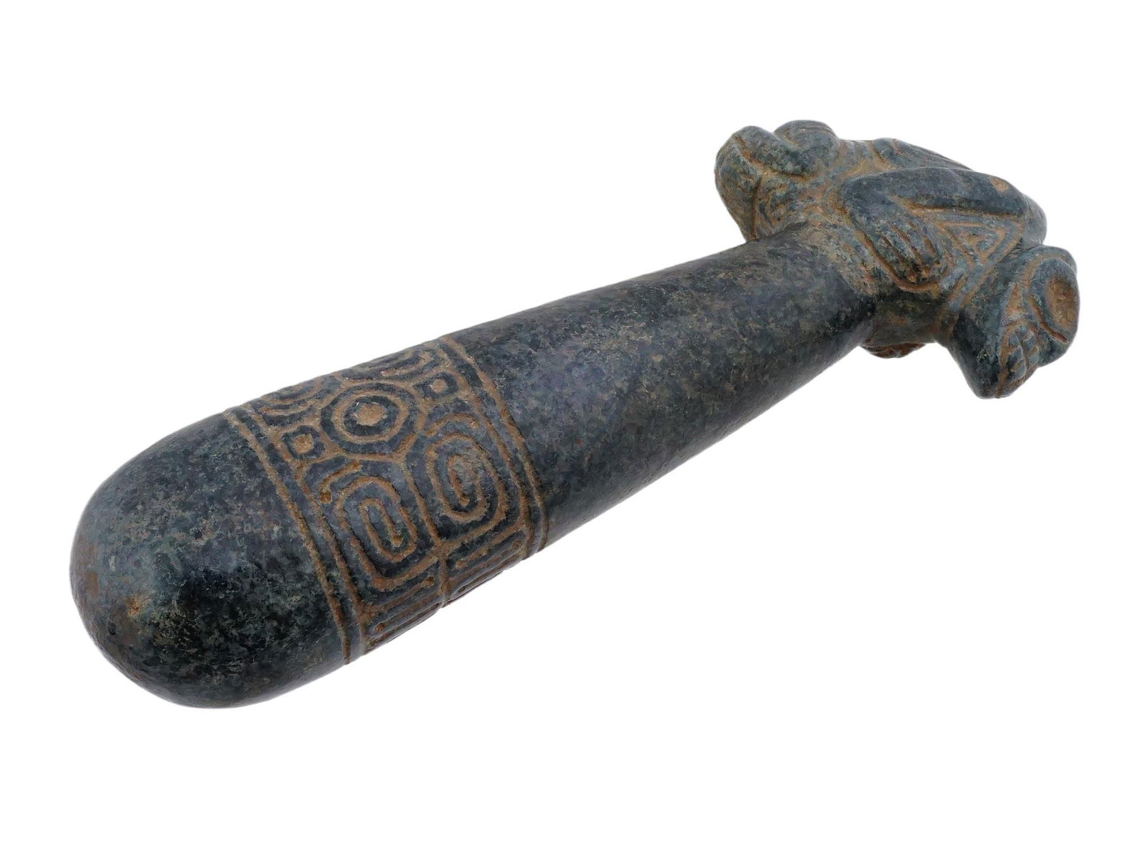 ANCIENT PRE COLUMBIAN HARDSTONE CEREMONIAL BIRD AXE: An ancient pre-Columbian hardstone ceremonial monolithic bird axe associated with the Indigenous Taino culture of the Caribbean. Features a stylized bird effigy at the top, a motif frequently used in