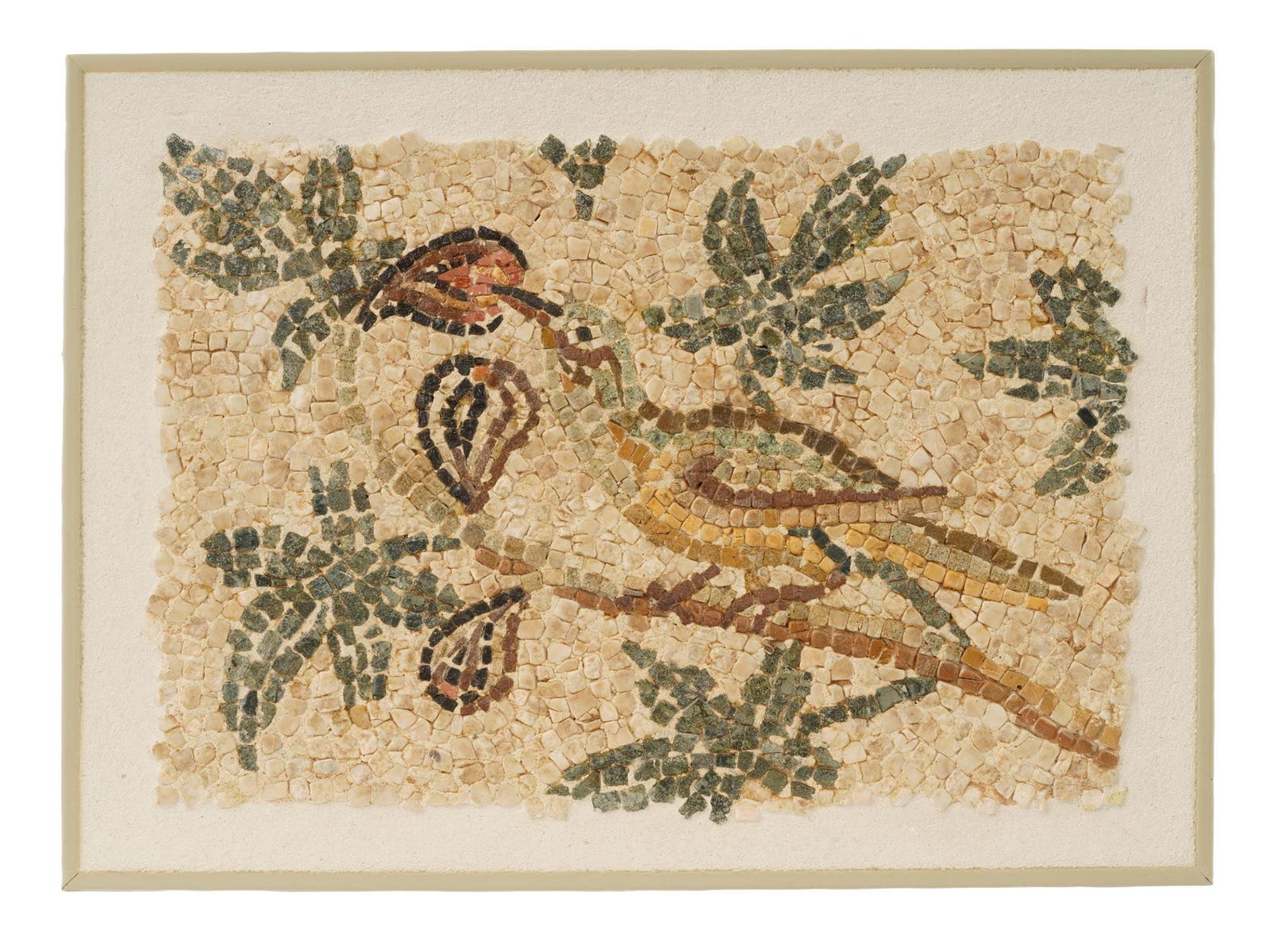 ANCIENT ROMAN MOSAIC OF BIRD W FIGS 100 TO 300 AD: An ancient Roman mosaic artwork composed of tesserae pieces. Circa 100 to 300 AD. Framed. The artwork represents a bird on a tree branch eating figs. Historical Collectibles And Archaeological Relics,