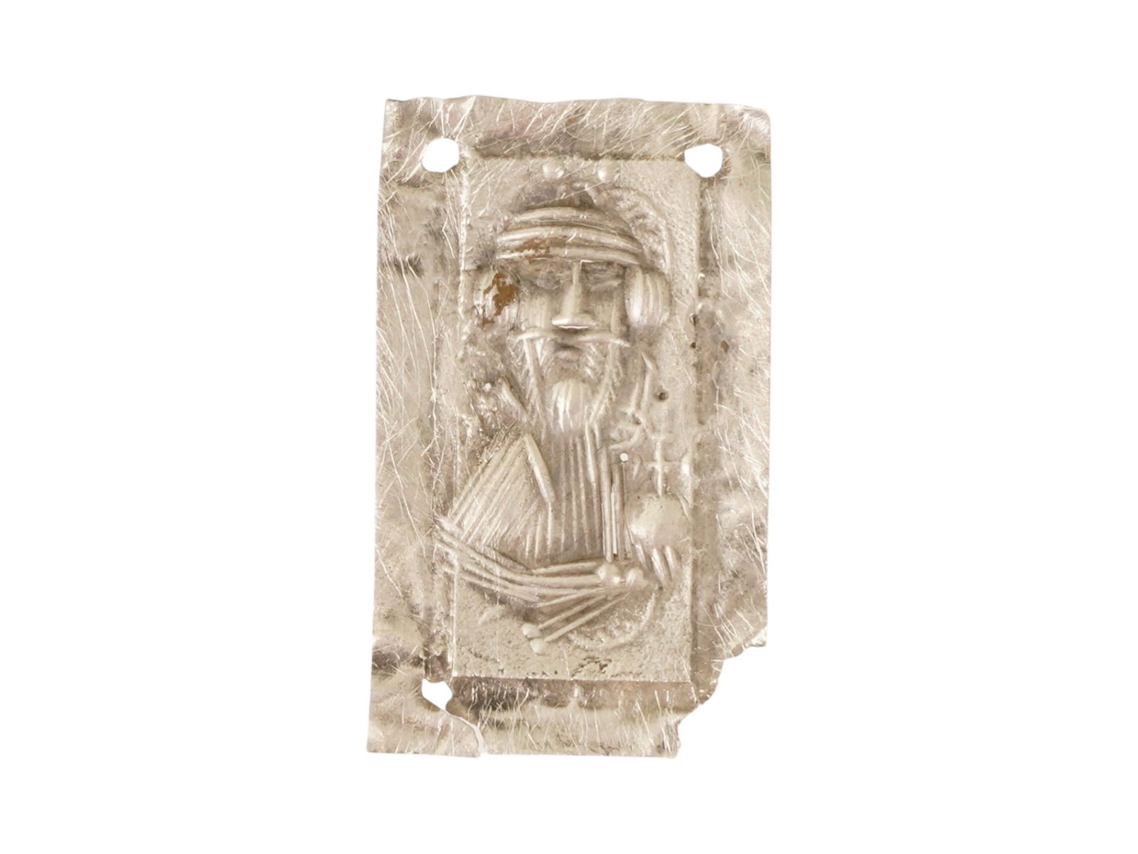 ANCIENT BYZANTINE SILVER VOTIVE PLAQUE IMAGE OF CHRIST: An ancient Byzantine silver votive plaque, dating circa 400 to 600 AD. Depicts the image of Christ and reflects the devotional traditions of the early Christian Byzantine world. Such plaques were typi