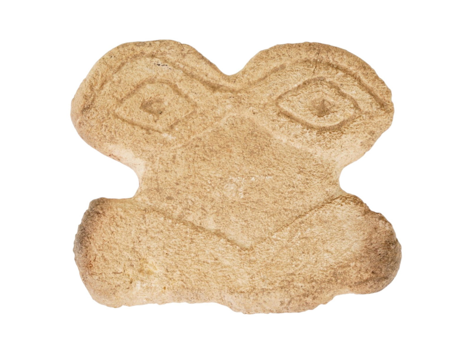 ANCIENT WESTERN ASIATIC CARVED STONE EYE IDOL FRAGMENT: An ancient Western Asiatic carved stone eye idol sculptural fragment. Shaped like a weight surmounted by two eyes, much scholarly design has been proposed about their meanings. These so called Eye Ido