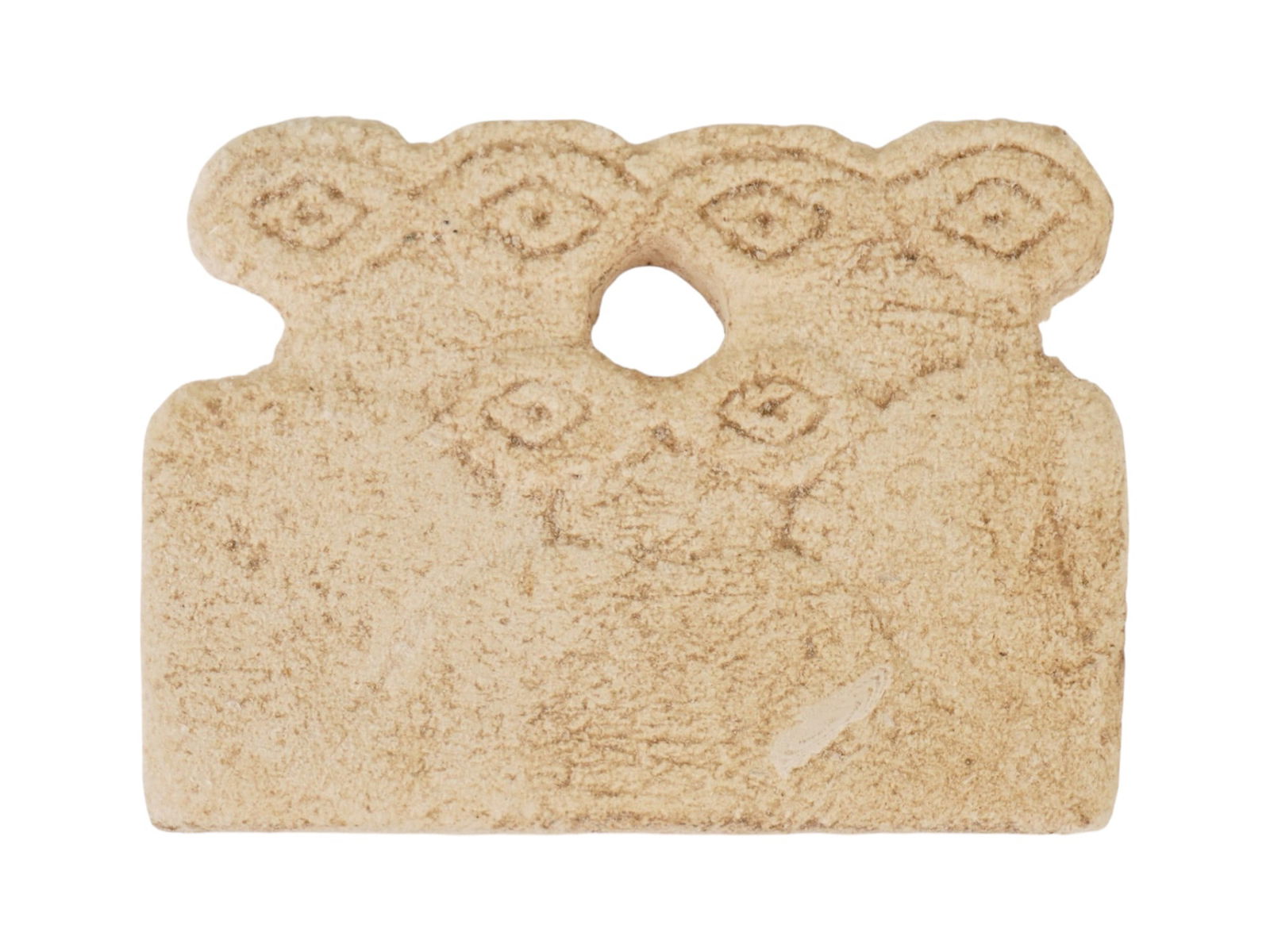 ANCIENT WESTERN ASIATIC TRIPLE CARVED STONE EYE IDOL: An ancient Western Asiatic carved stone triple eye idol dating to the 2nd millennium BC. Belongs to a distinctive group of schematic votive figures characterized by oversized, stylized eyes. Such idol