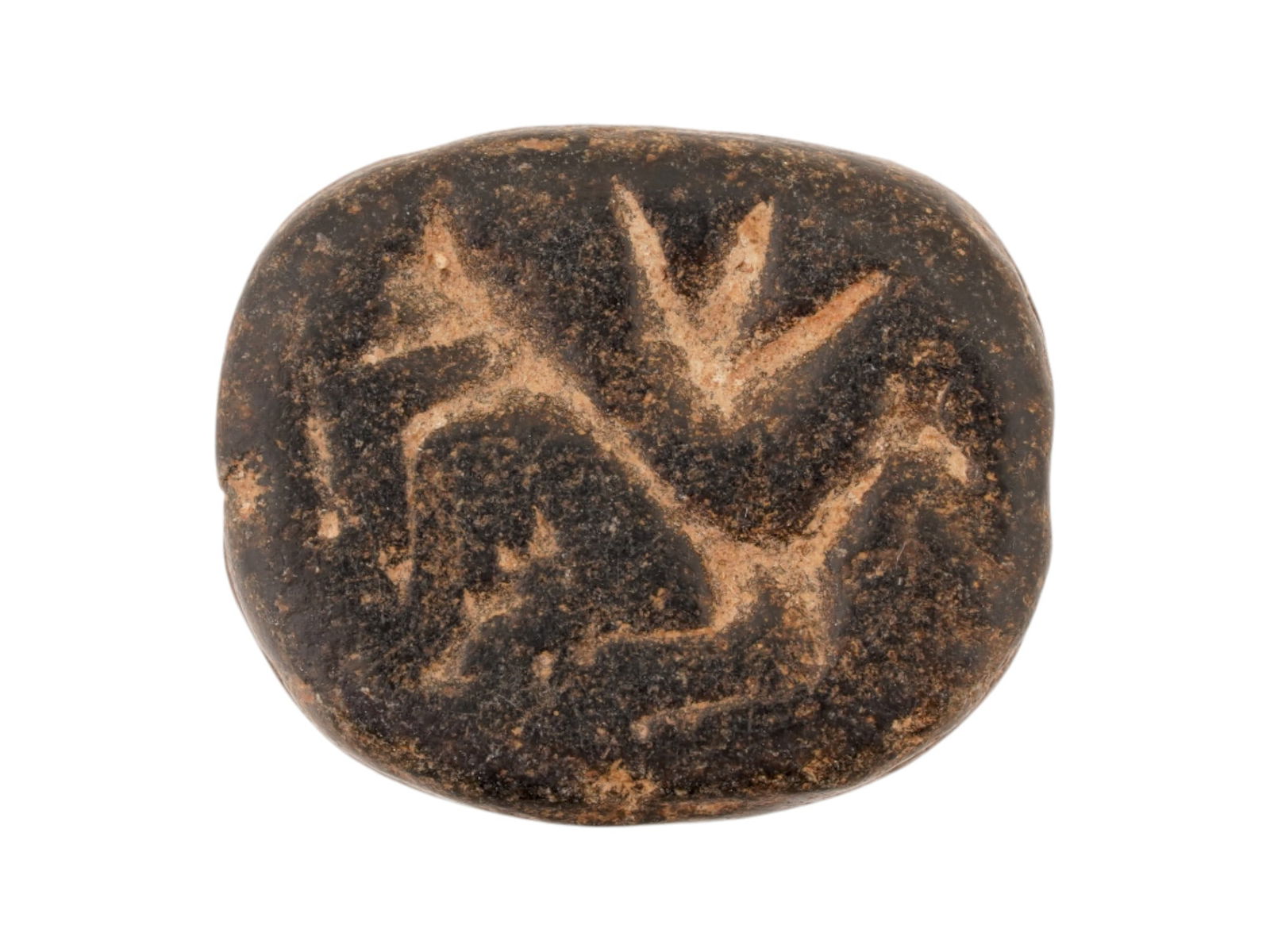 ANCIENT WESTERN ASIAN STEATITE SCARAB 1ST MILLENNIUM BC: An ancient Western Asian hand carved steatite scarab bead. The bead is adorned with an engraved image probably representing an animal, and ornaments on the backside. Pierced through the center. Circa: