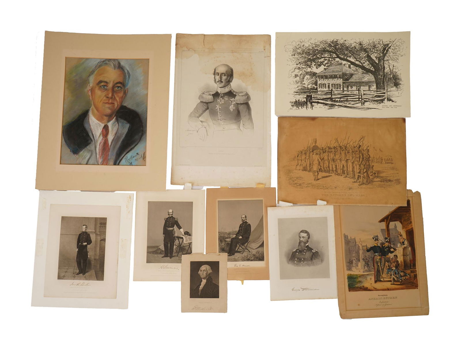 ANTIQUE AMERICAN PRESIDENTIAL MILITARY WORKS ON PAPER: A group of ten antique and vintage presidential and military works on paper, including eight engravings, one lithograph, and one pastel portrait, depicting prominent 19th and early 20th century histor